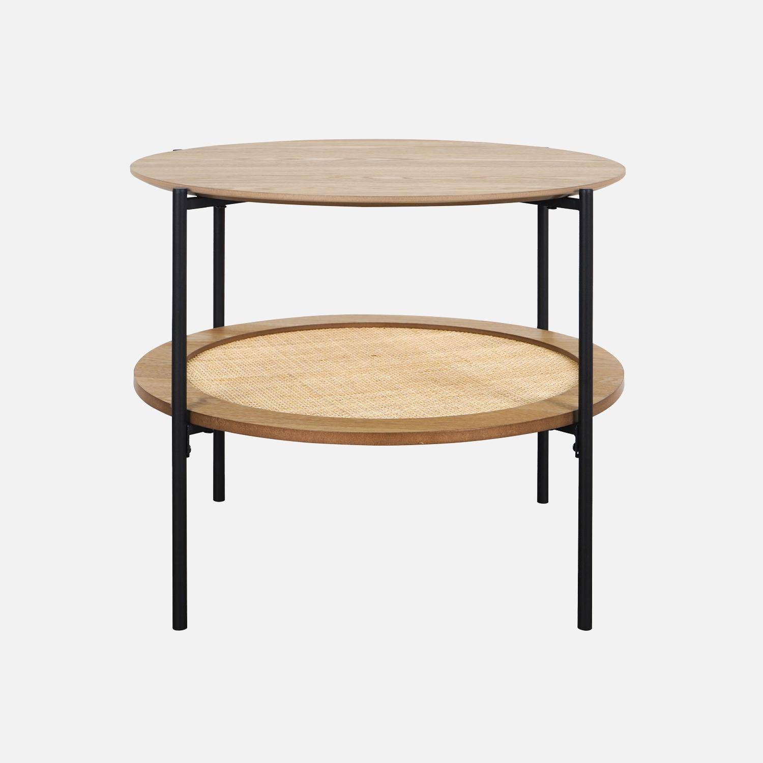 Salontafel in natuurlijke vintage stijl met dubbele tafelbladen, 1in houtlook, 1 met vlechtwerk, metalen poten en structuur in zwart Photo4