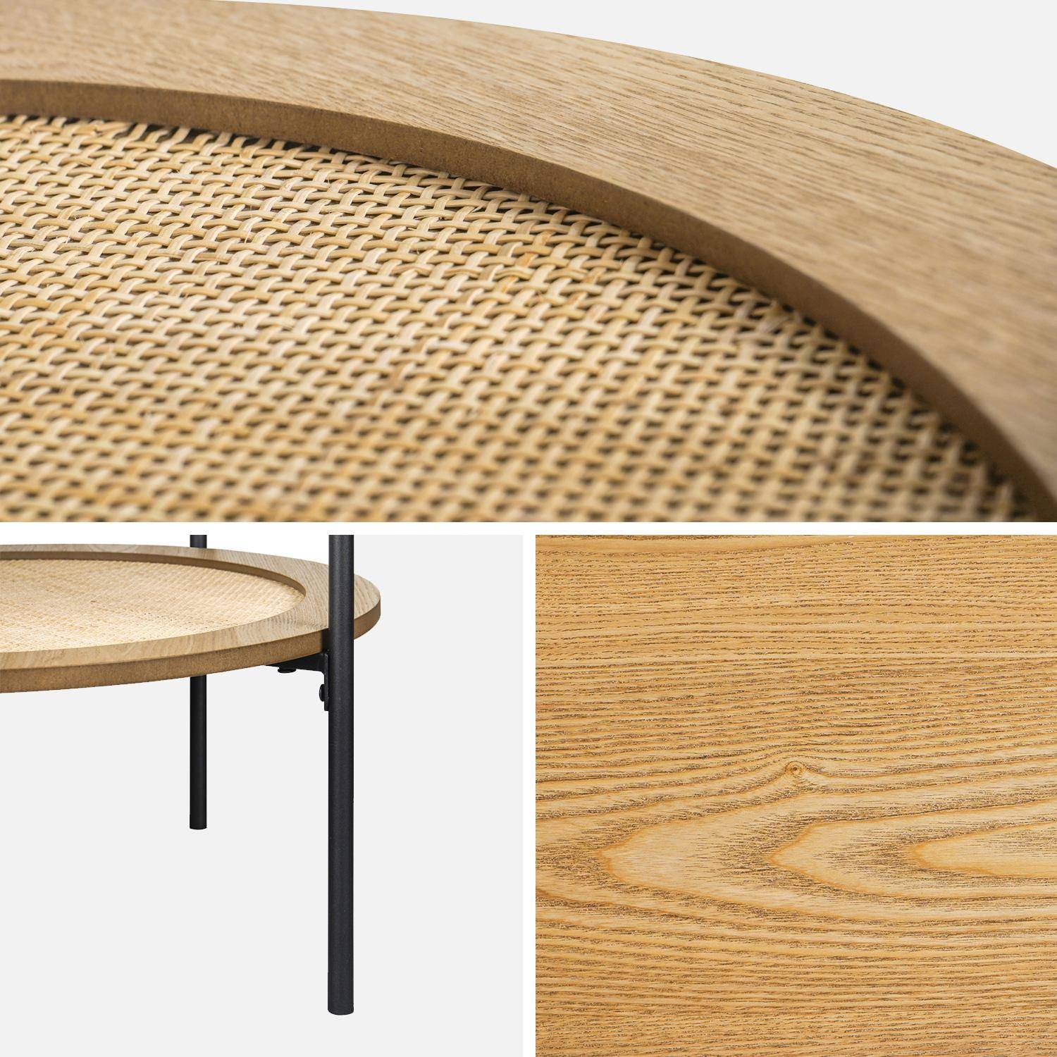 Salontafel in natuurlijke vintage stijl met dubbele tafelbladen, 1in houtlook, 1 met vlechtwerk, metalen poten en structuur in zwart Photo5
