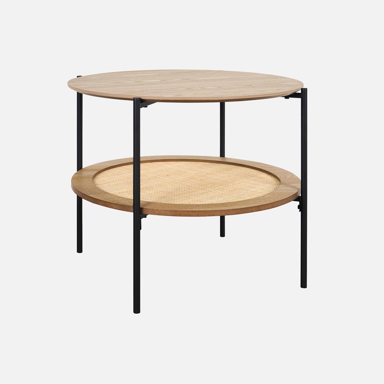 Salontafel in natuurlijke vintage stijl met dubbele tafelbladen, 1in houtlook, 1 met vlechtwerk, metalen poten en structuur in zwart Photo3