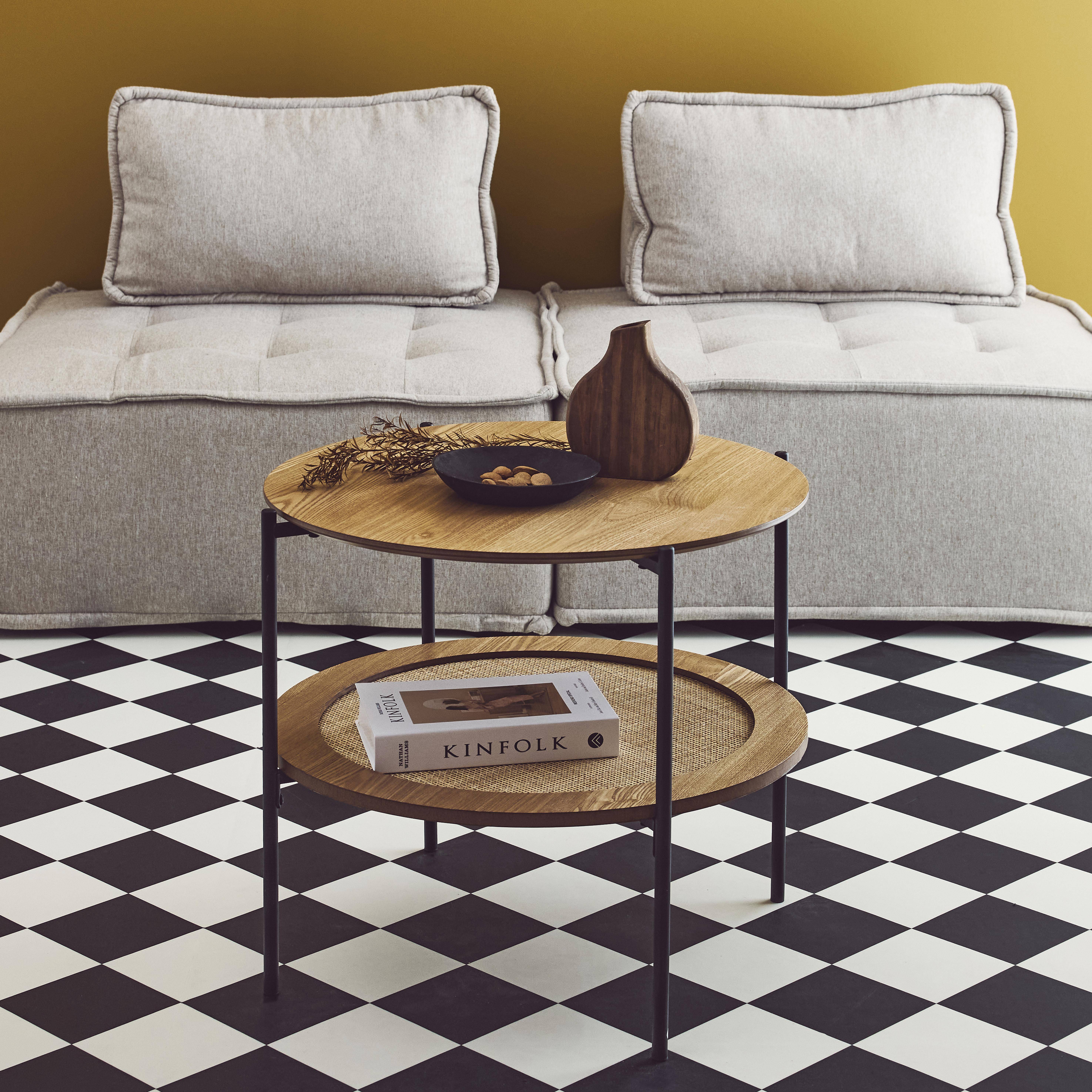 Salontafel in natuurlijke vintage stijl met dubbele tafelbladen, 1in houtlook, 1 met vlechtwerk, metalen poten en structuur in zwart Photo1