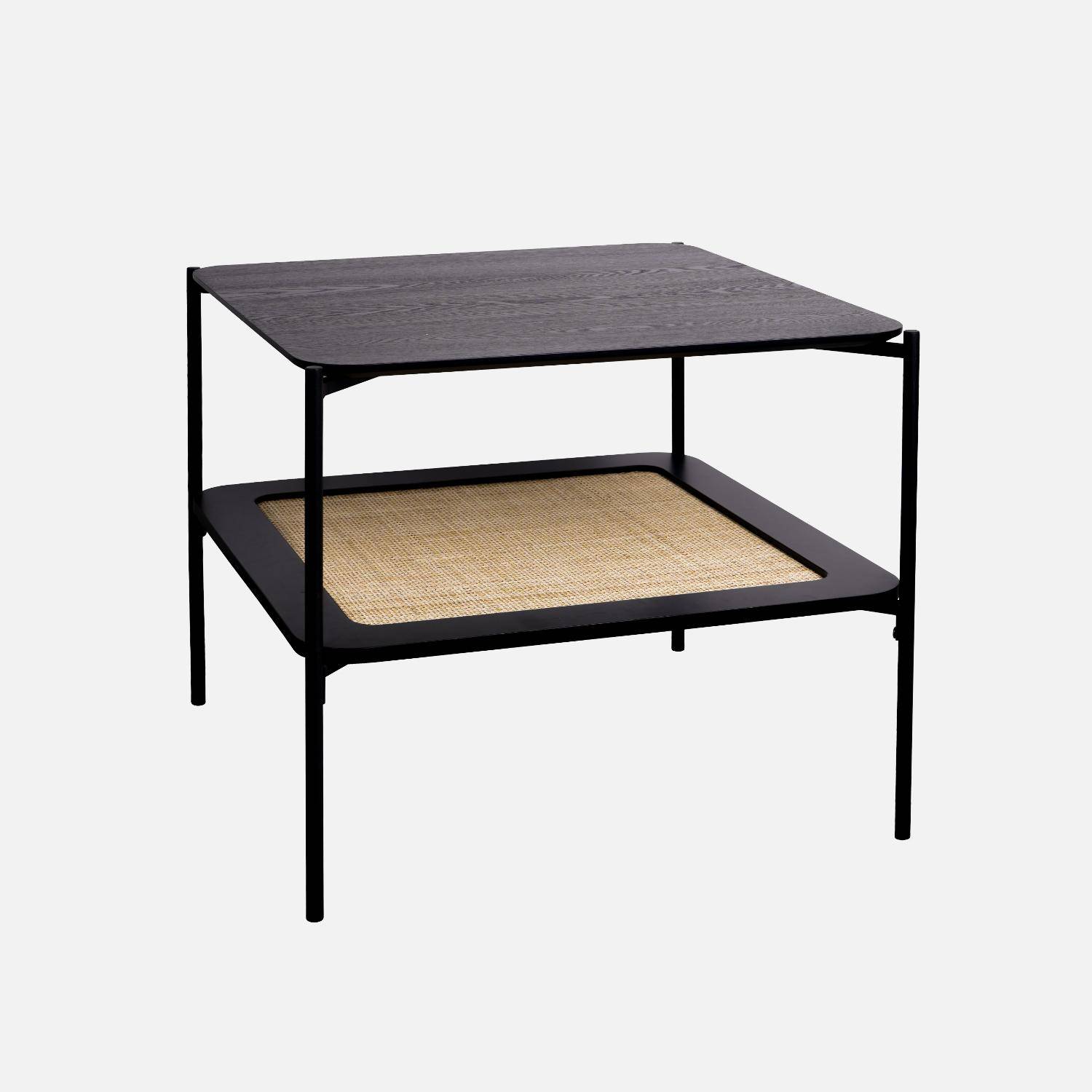 Table basse carrée coloris noir vintage double plateaux effet bois et cannage, piètement et structure en métal noir Photo1