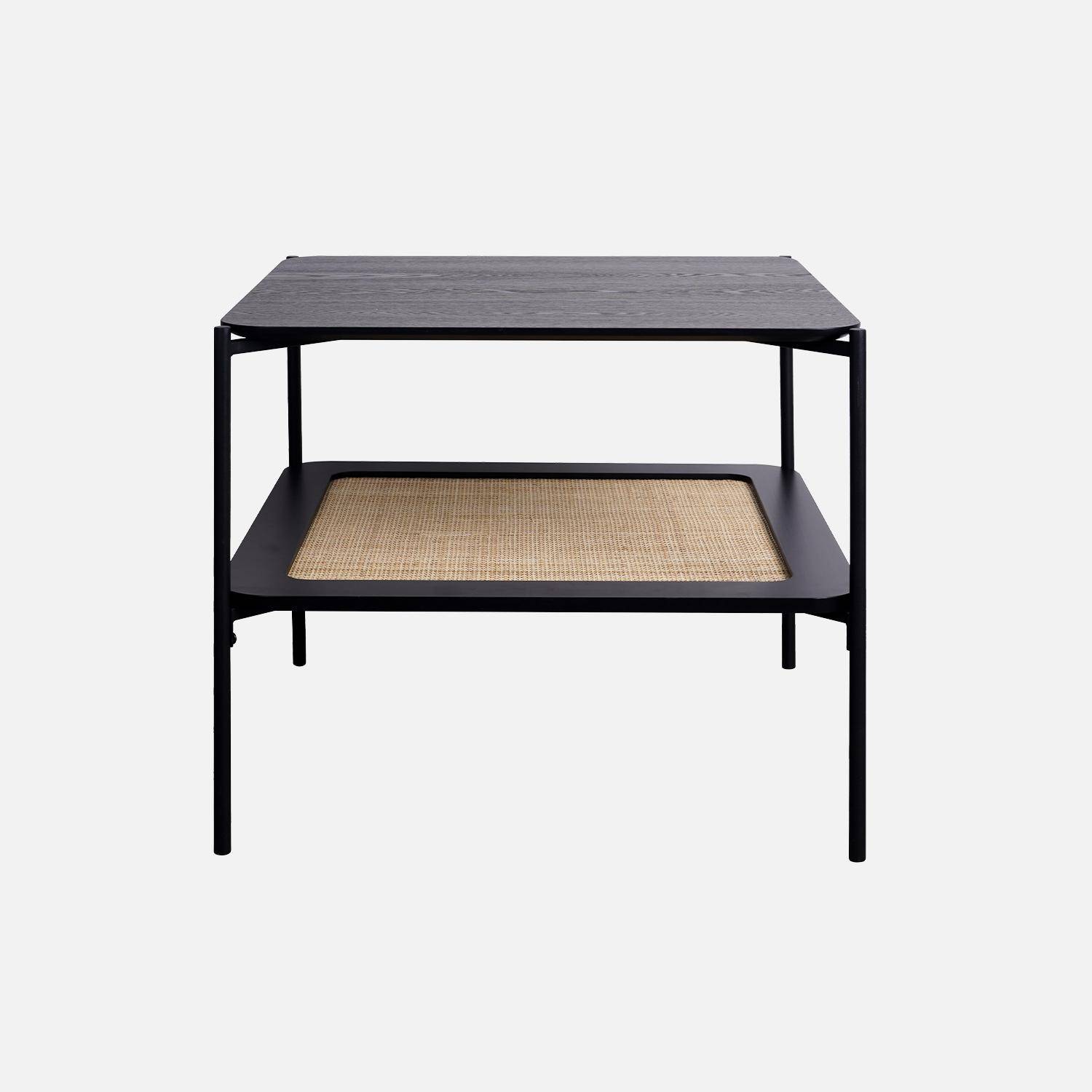 Table basse carrée coloris noir vintage double plateaux effet bois et cannage, piètement et structure en métal noir Photo2
