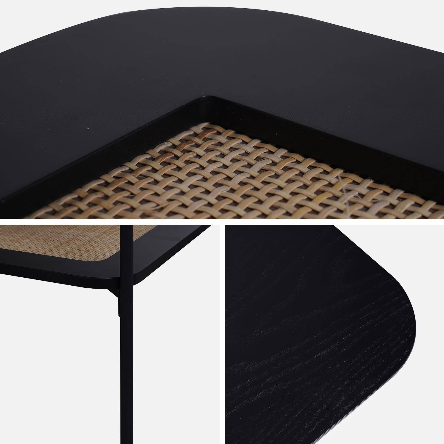 Table basse carrée coloris noir vintage double plateaux effet bois et cannage, piètement et structure en métal noir Photo3