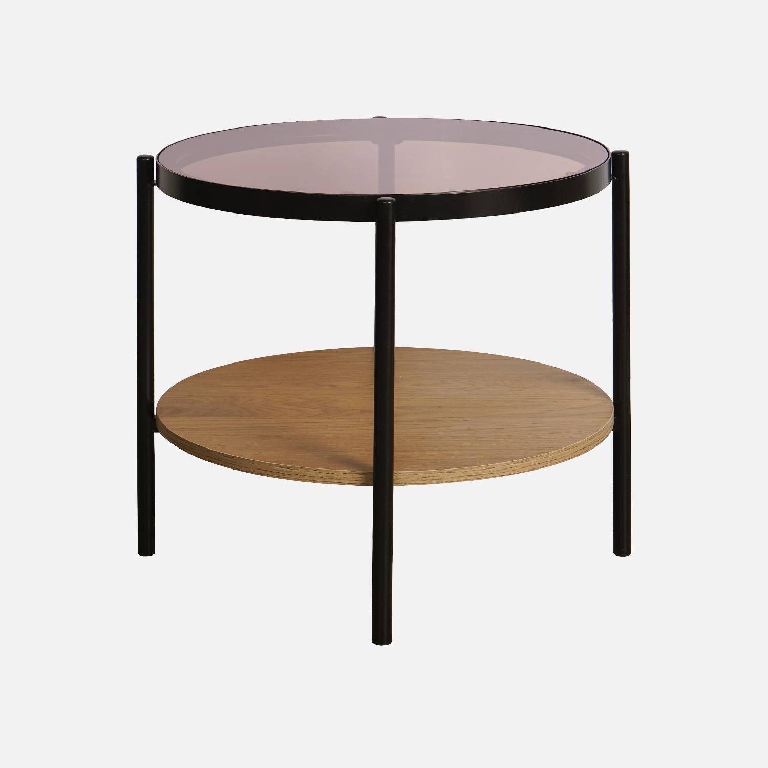 Salontafel / bijzettafel rond 52 x 52 cm in hout- en zwart metaaleffect, 2 planken waarvan één in gehard glas Photo3