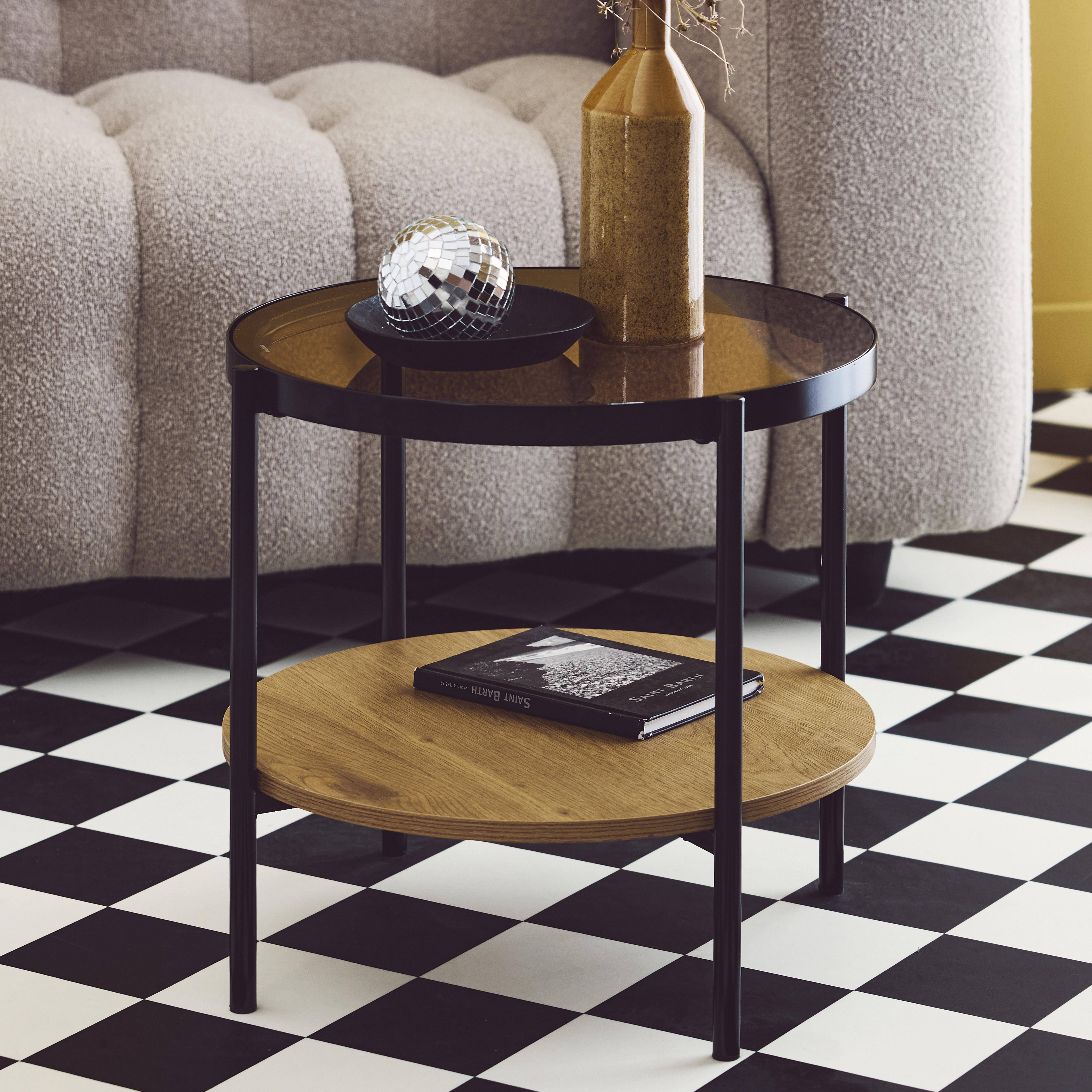 Tavolino rotondo in vetro temperato, legno ed effetto metallo nero