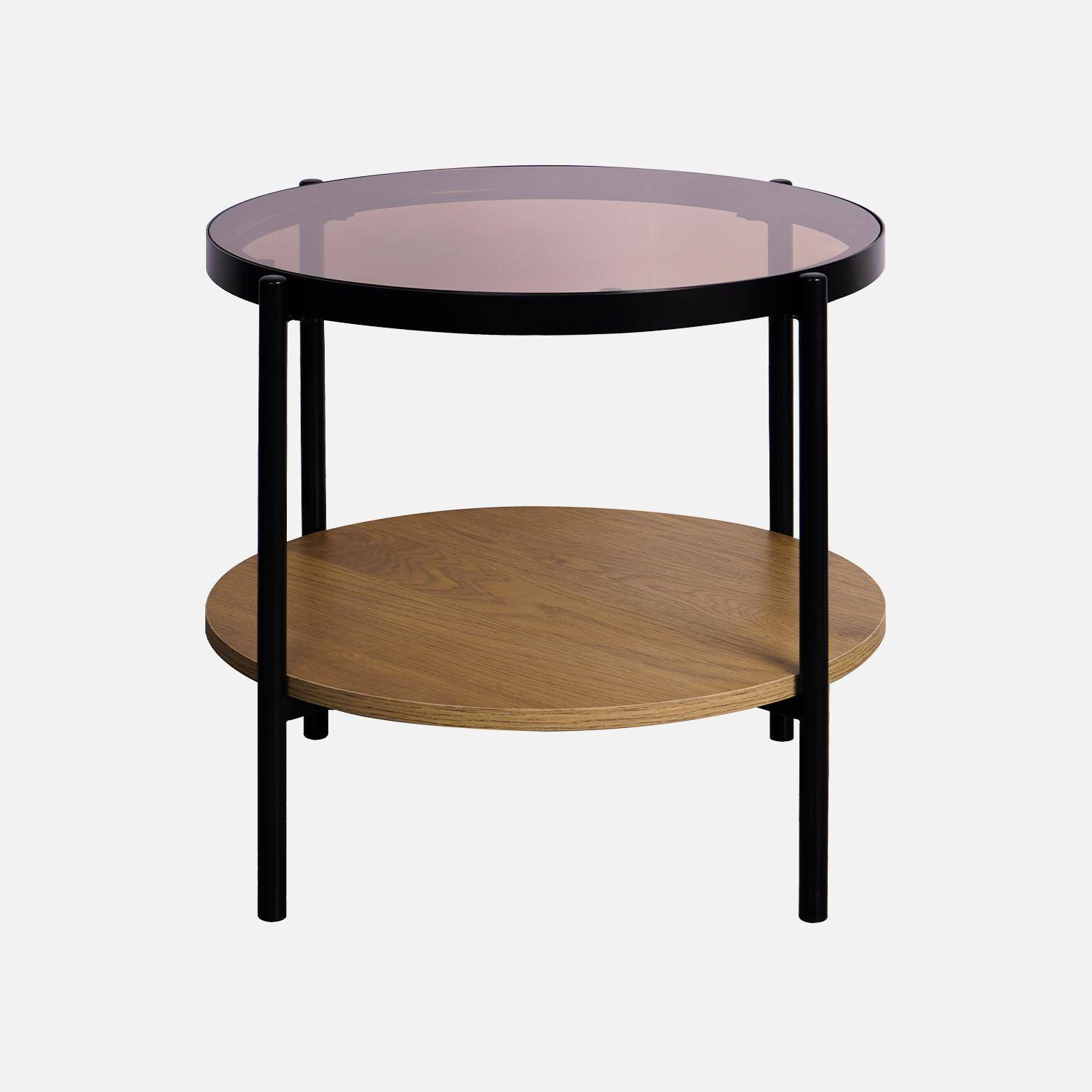 Salontafel / bijzettafel rond 52 x 52 cm in hout- en zwart metaaleffect, 2 planken waarvan één in gehard glas Photo4
