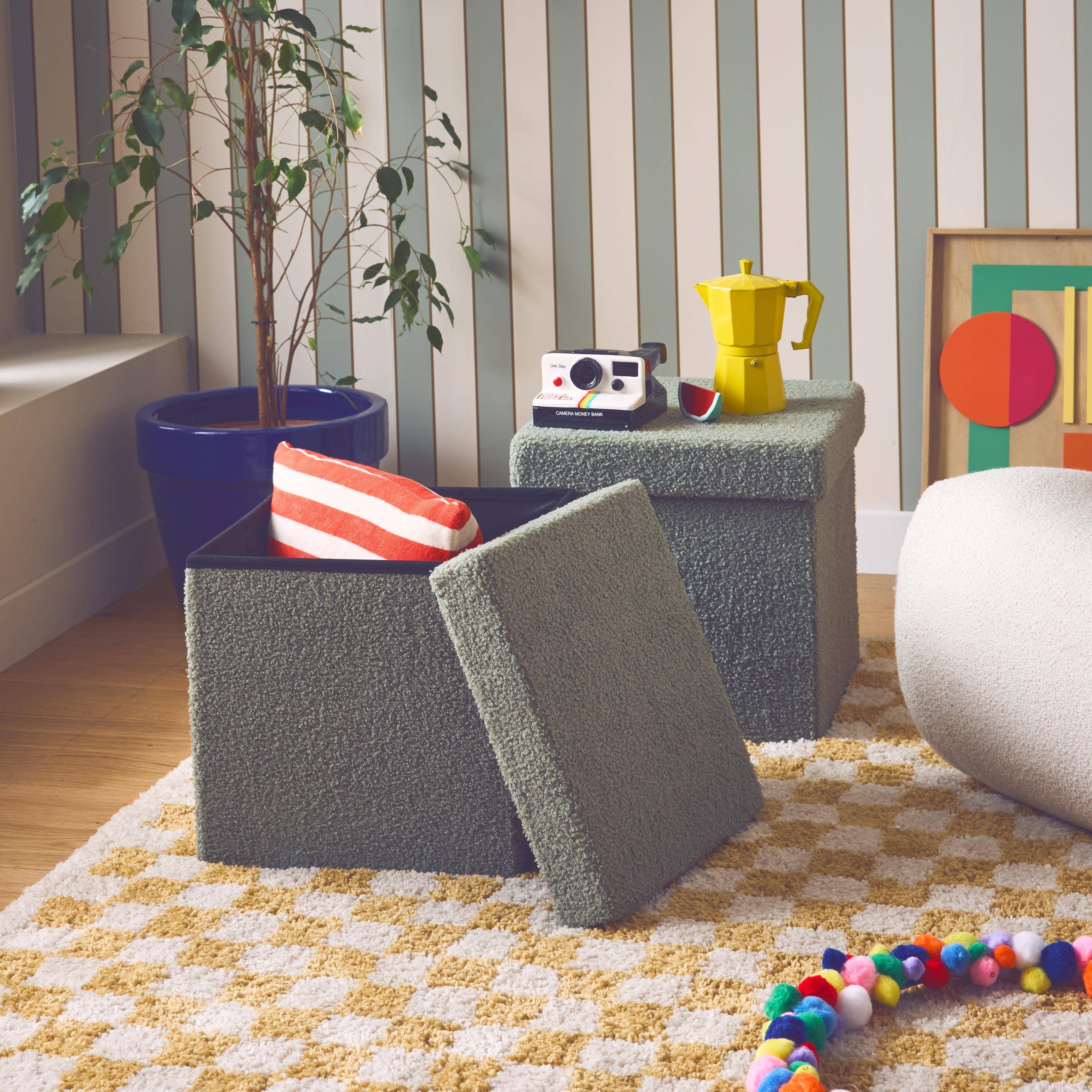 Lot de 2 tabourets de rangement verts en bouclettes avec coffre pour enfant pliable Photo2