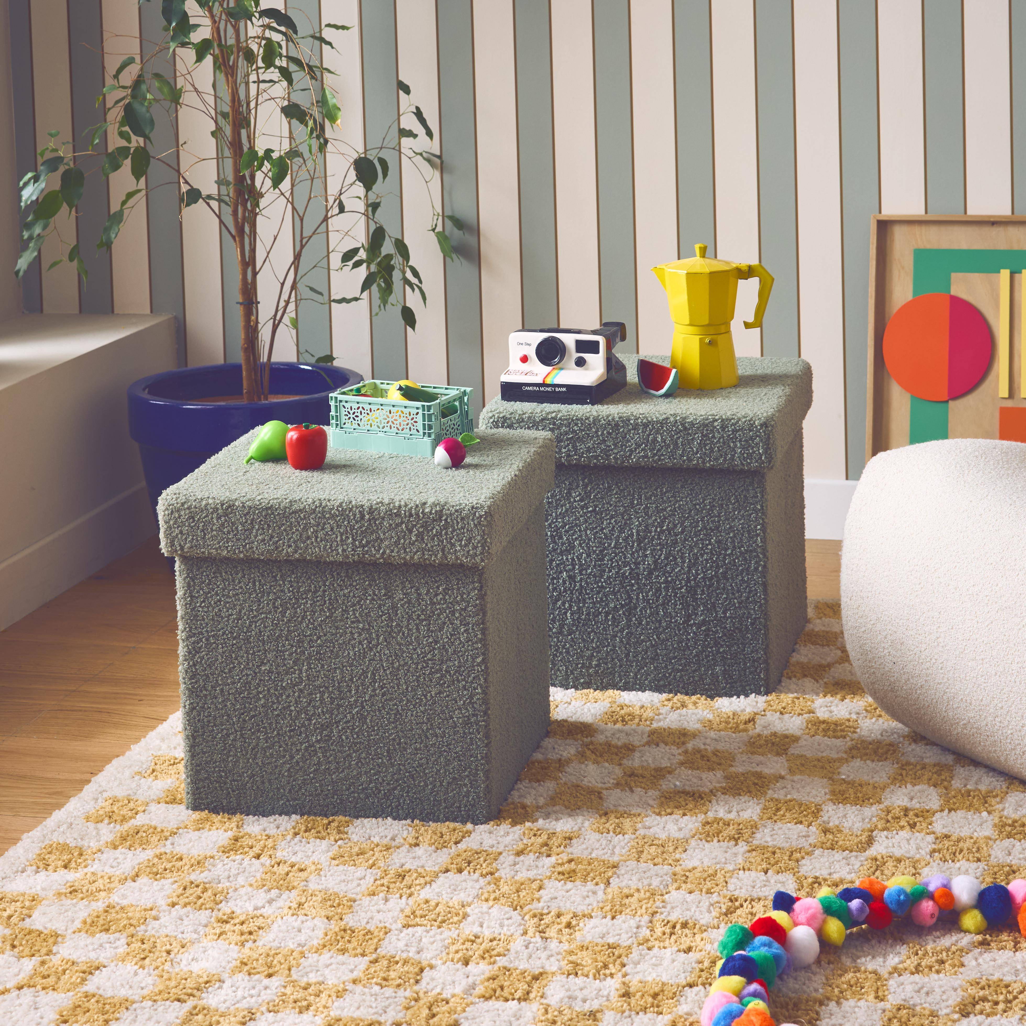Lot de 2 tabourets de rangement verts en bouclettes avec coffre pour enfant pliable Photo1