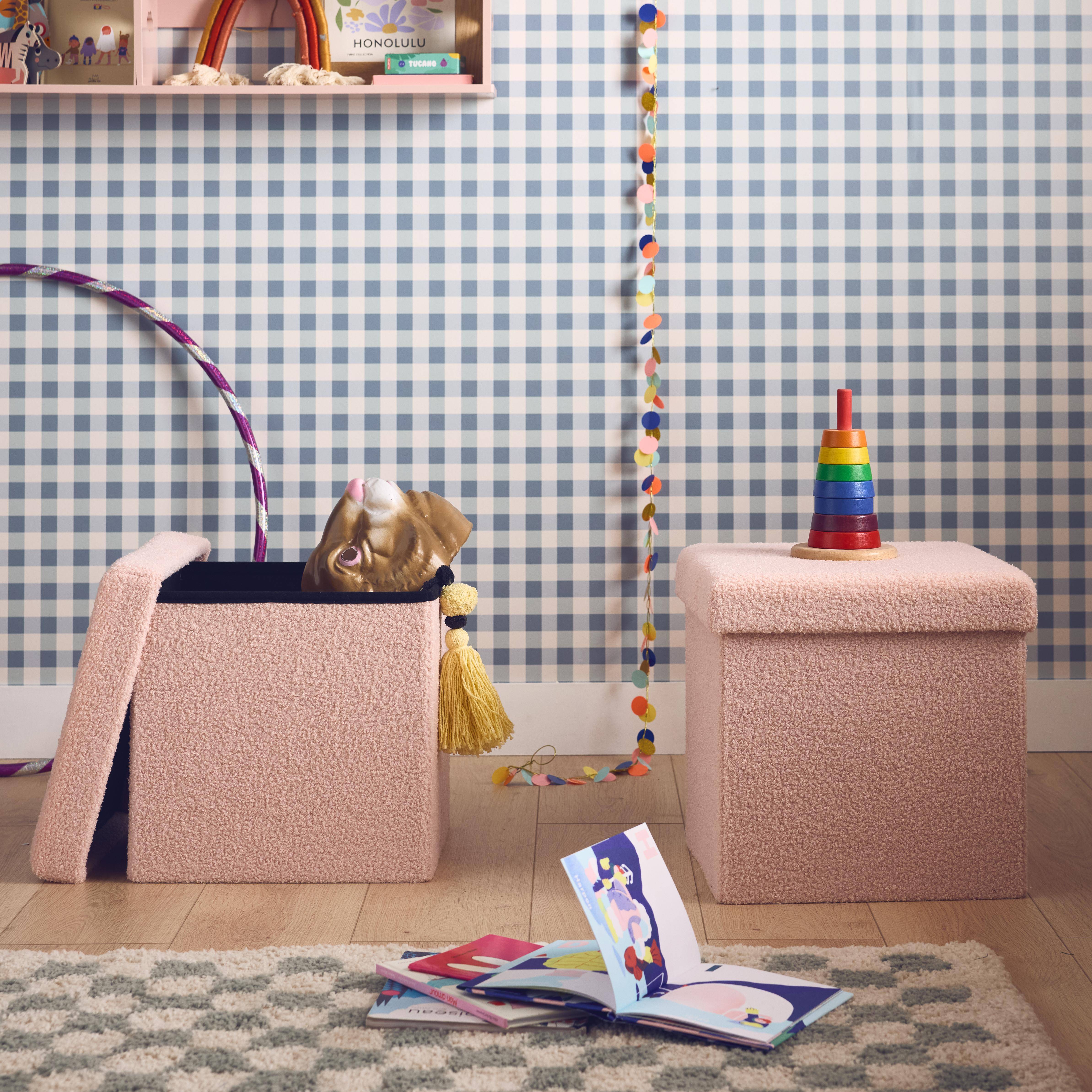Lot de 2 tabourets de rangement roses en bouclettes avec coffre pour enfant pliable Photo1