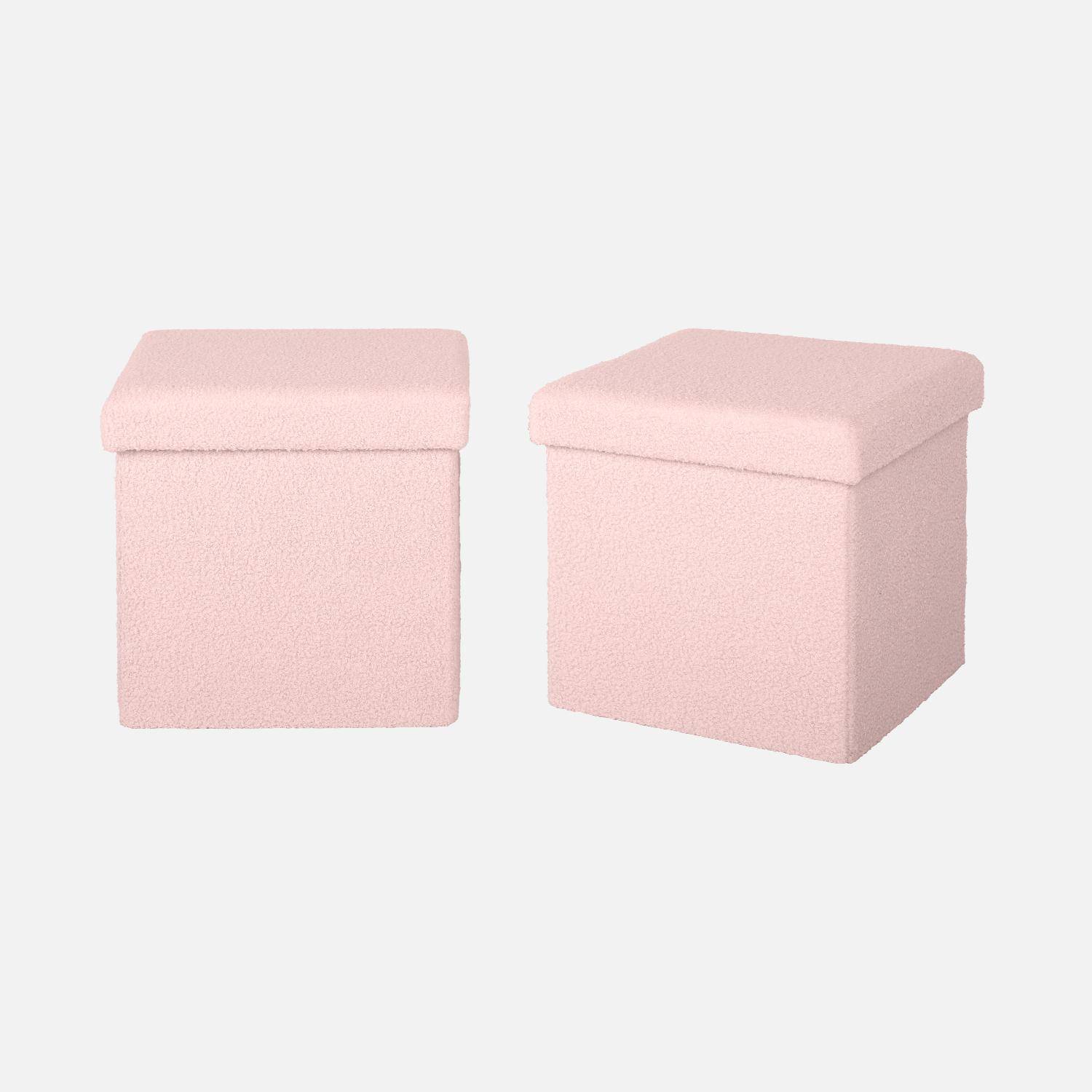 Lot de 2 tabourets de rangement roses en bouclettes avec coffre pour enfant pliable,sweeek,Photo3
