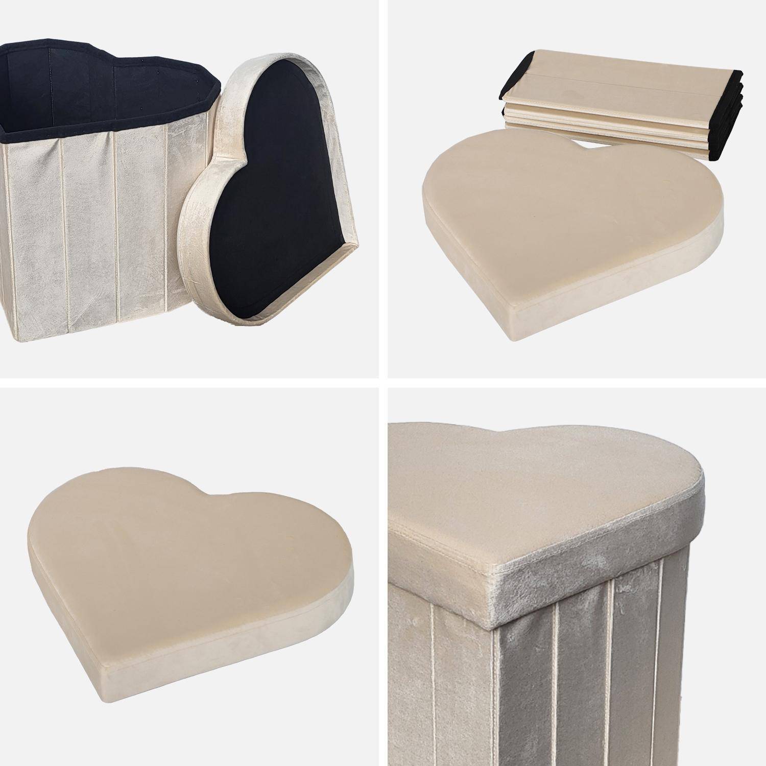 Lot de 2 tabourets-coffre pliables pour enfant avec assise en velours beige et en forme de cœur  Photo4