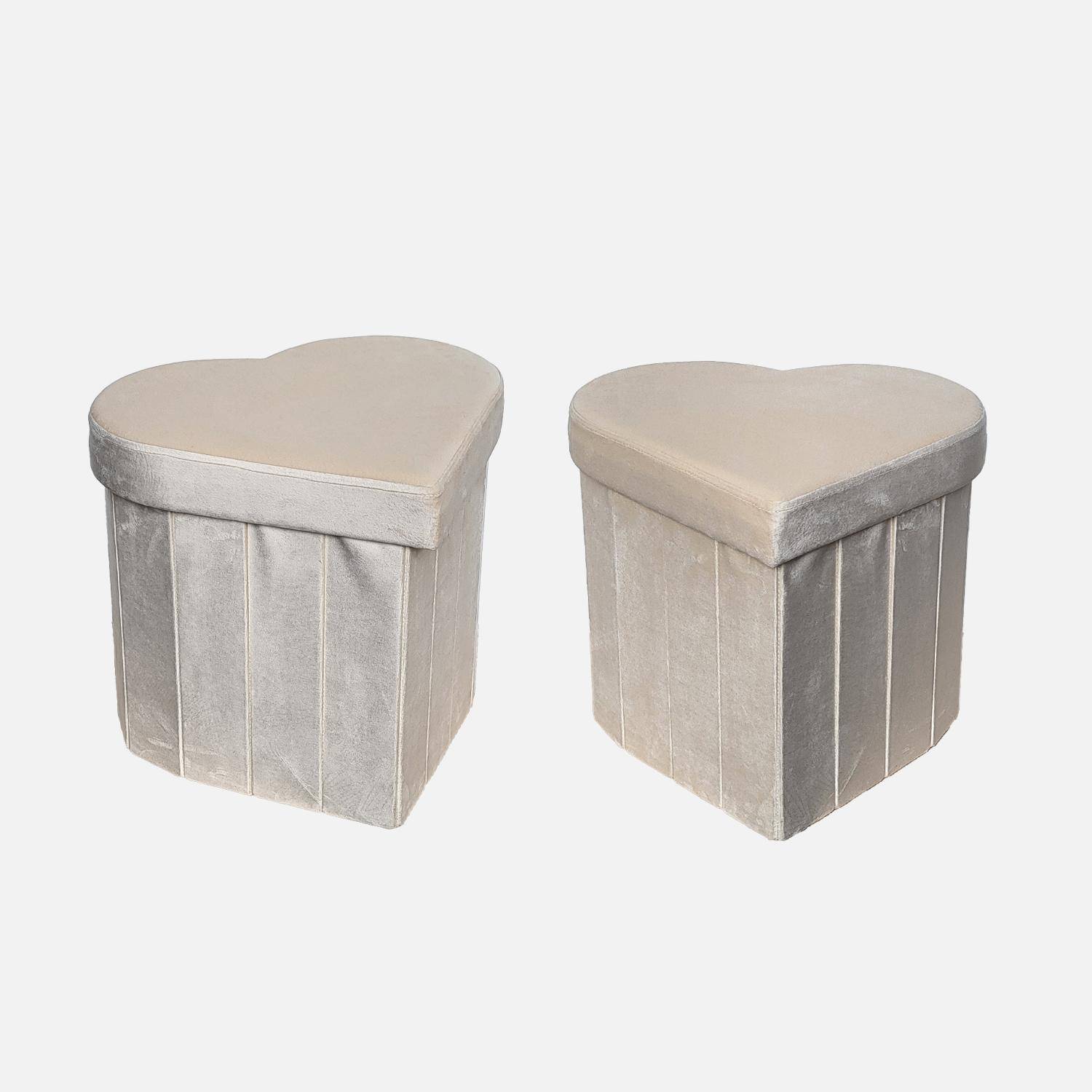 Lot de 2 tabourets-coffre pliables pour enfant avec assise en velours beige et en forme de cœur ,sweeek,Photo3