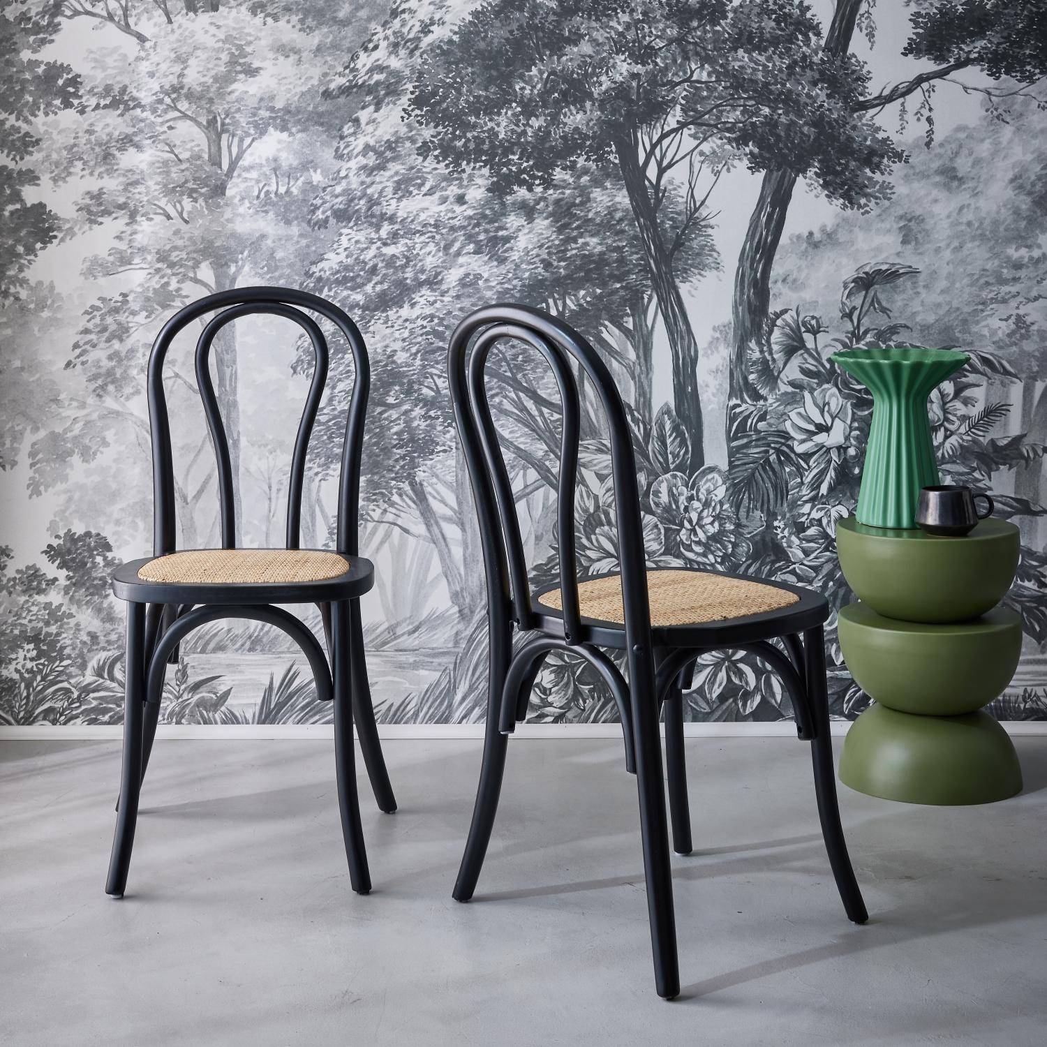 2er Set Vintage-Holzstühle mit Rattansitz und abgerundeter Rückenlehne in Schwarz -Bastille,sweeek,Photo2