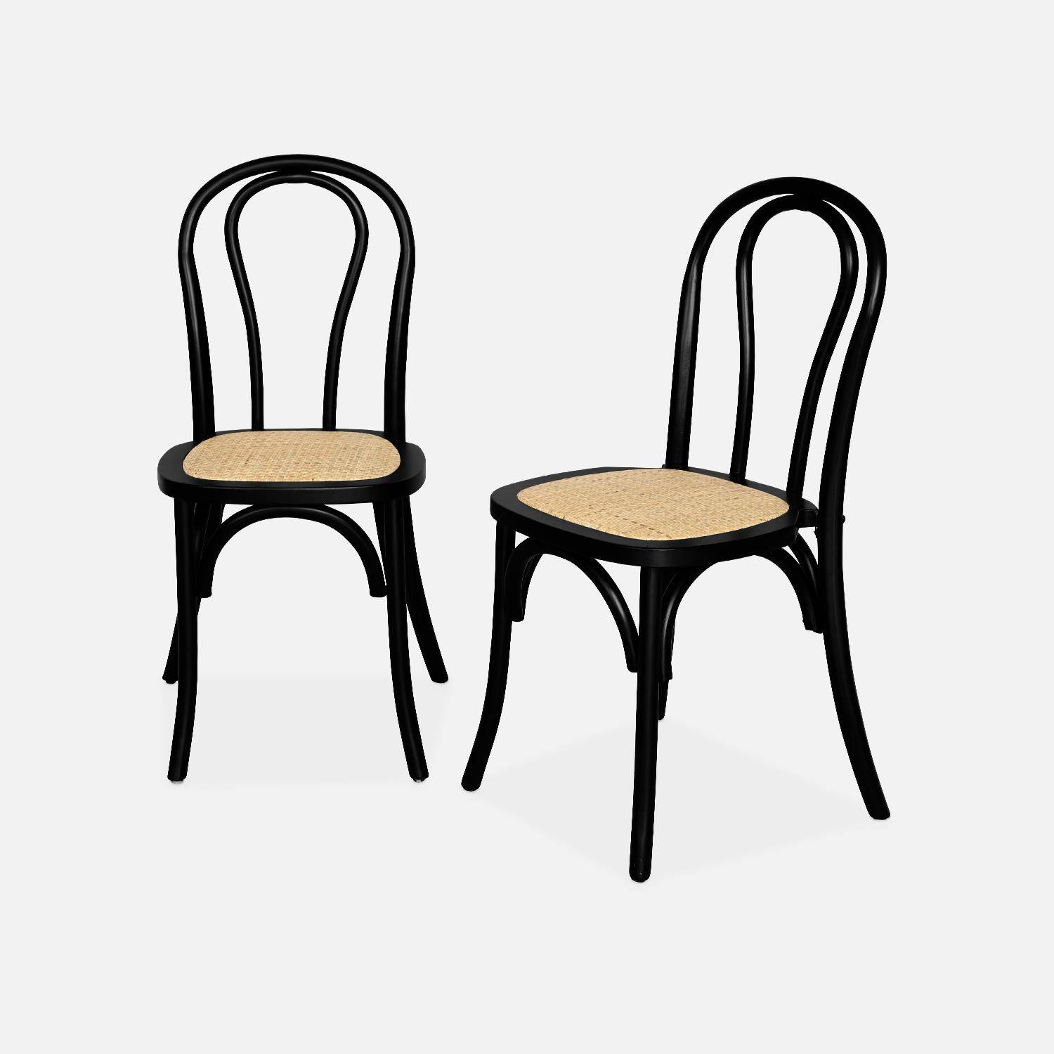 Lot de deux chaises vintage en bois avec assise en rotin et dossier arrondi coloris noir,sweeek,Photo1