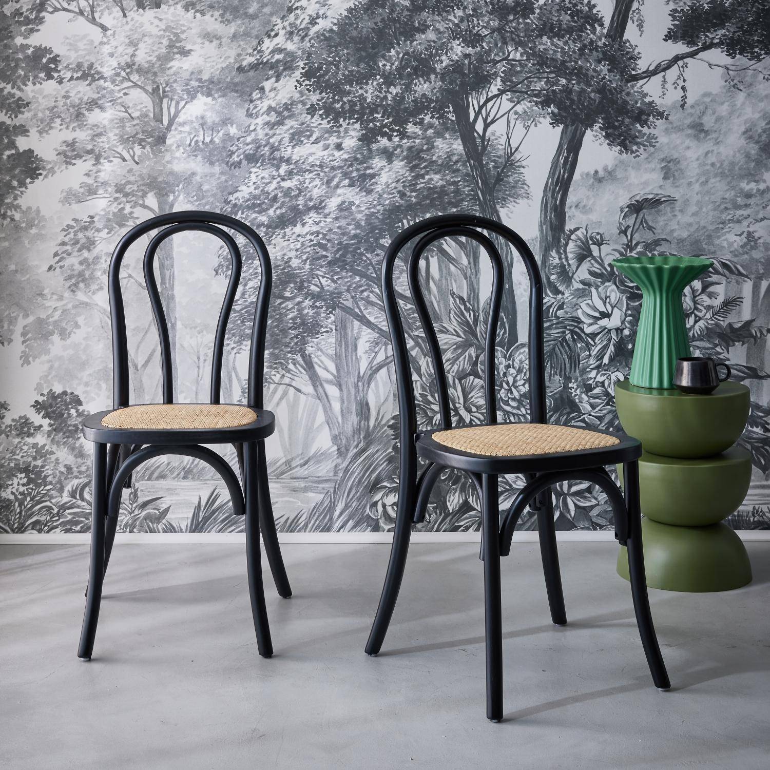 2er Set Vintage-Holzstühle mit Rattansitz und abgerundeter Rückenlehne in Schwarz -Bastille Photo1