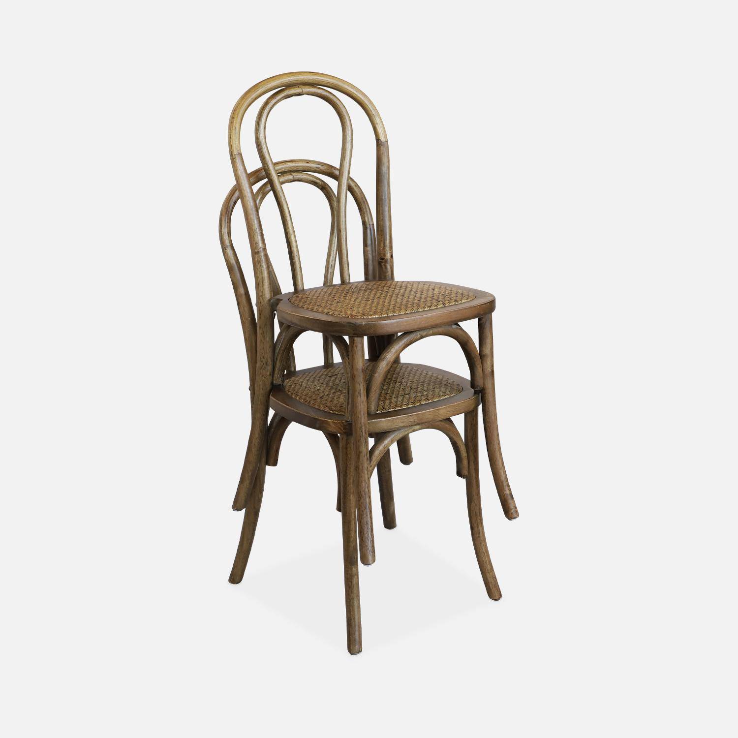 Juego de dos sillas vintage de madera con asiento de ratán y respaldo redondeado en marrón antiguo,sweeek,Photo4