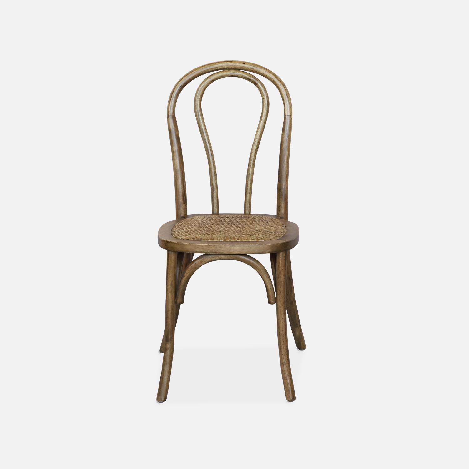 Juego de dos sillas vintage de madera con asiento de ratán y respaldo redondeado en marrón antiguo Photo2
