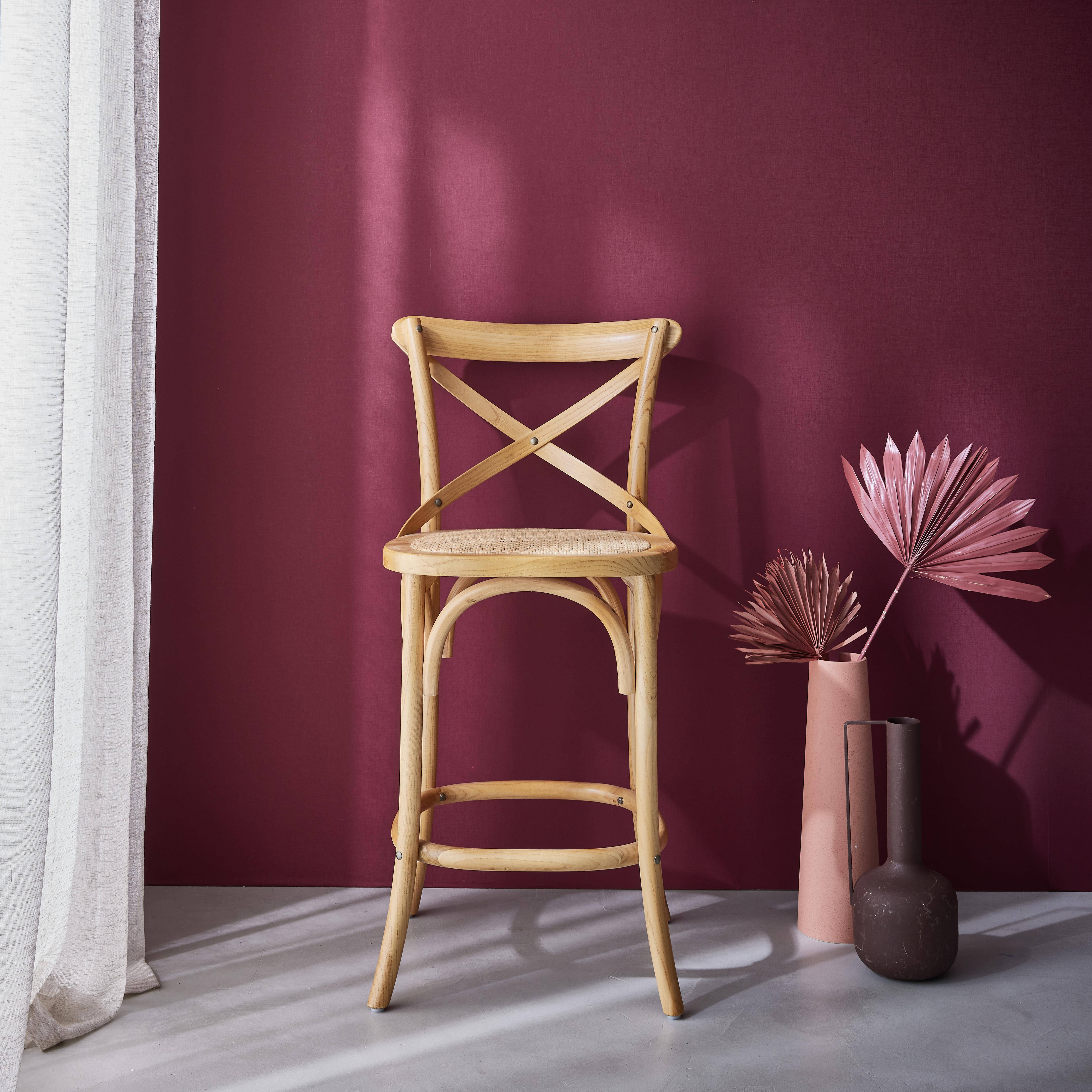 Tabouret de bar bistrot vintage en bois naturel avec repose-pieds  Photo1