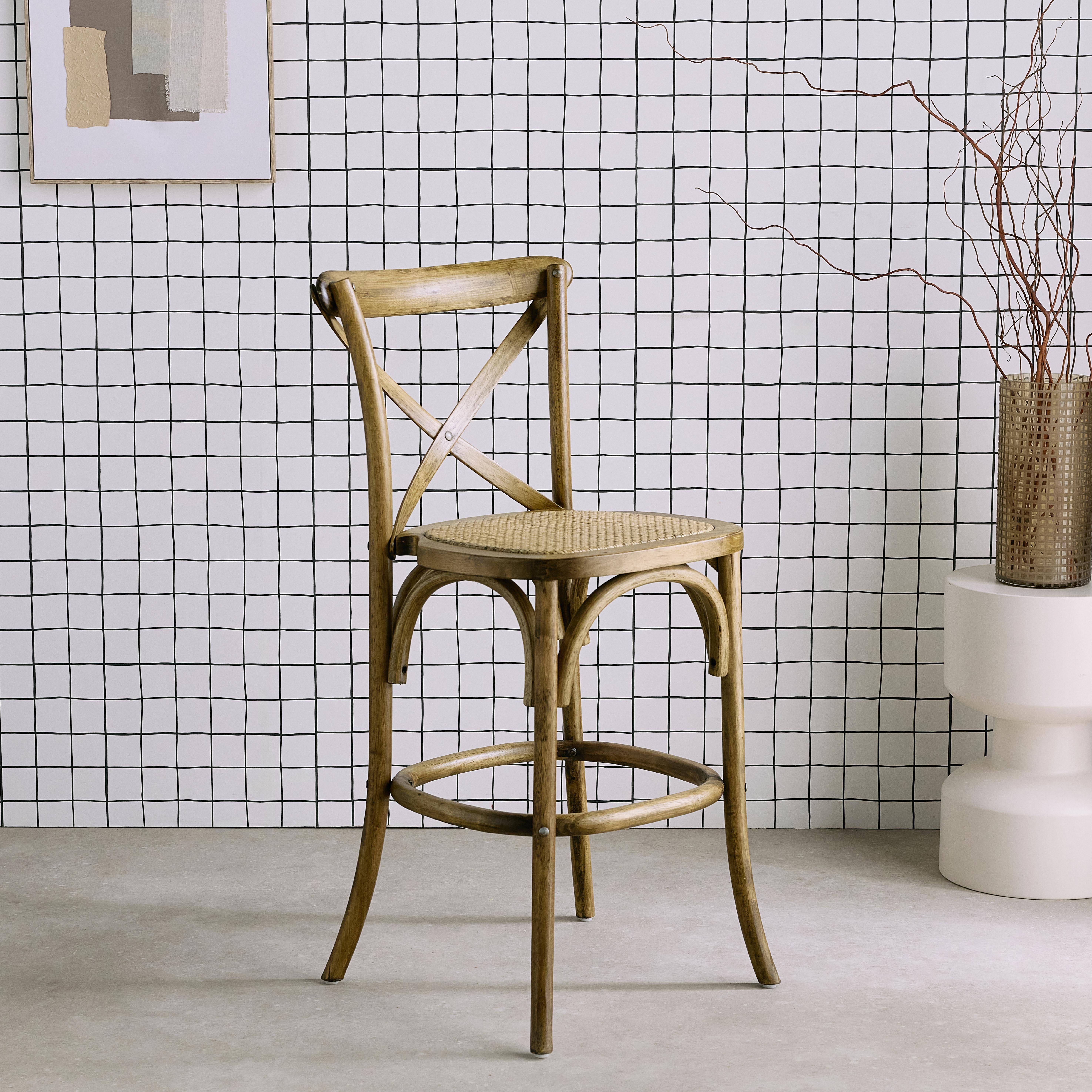Tabouret de bar bistrot vintage en bois marron vieilli avec repose-pieds  Photo2