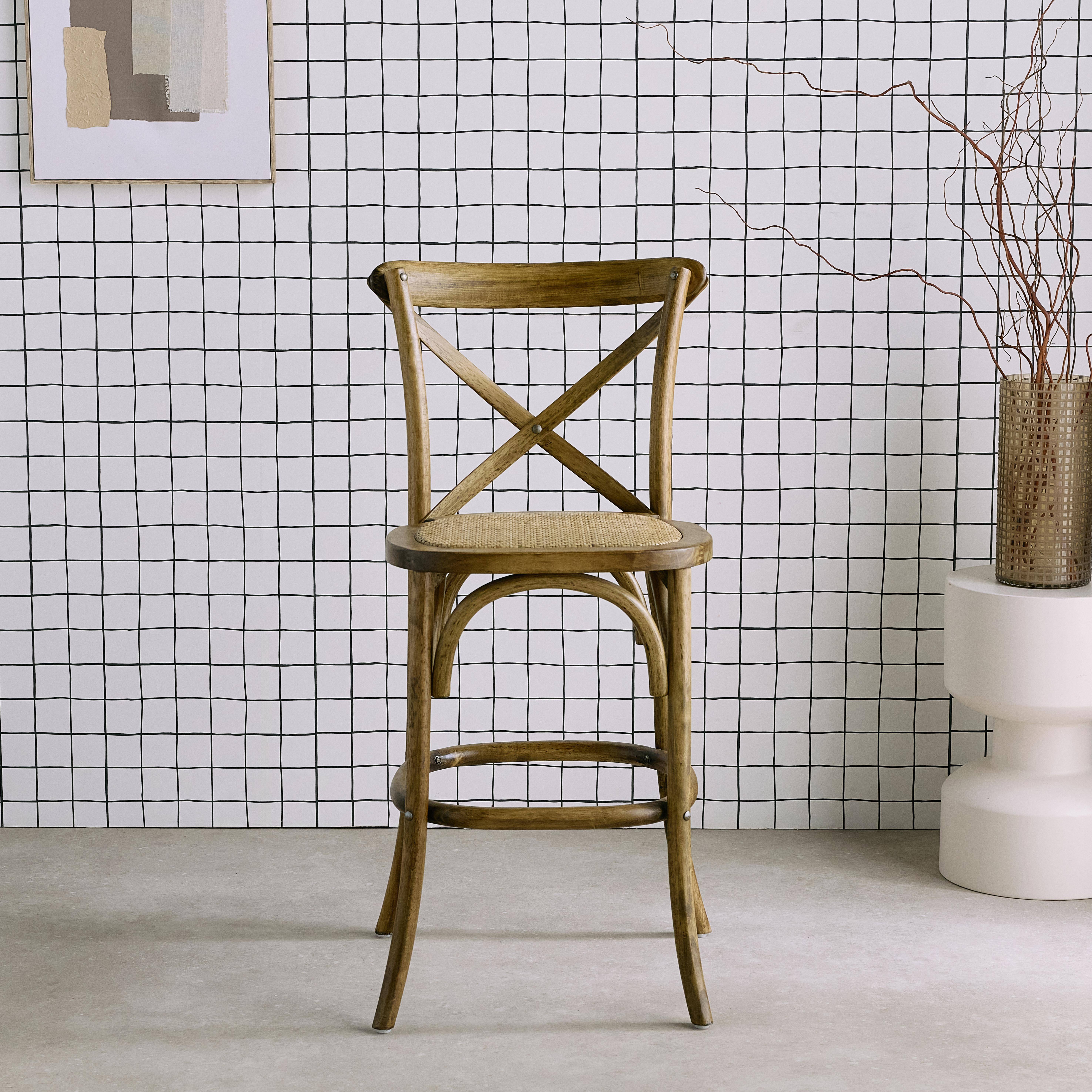 Tabouret de bar bistrot vintage en bois marron vieilli avec repose-pieds ,sweeek,Photo1