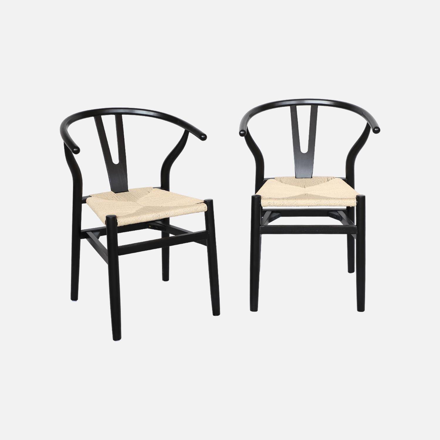 Lot de deux chaises vintage noires en bois d'hévéa avec assise en cordes et dossier arrondi,sweeek,Photo5