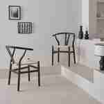 Lot de deux chaises vintage noires en bois d'hévéa avec assise en cordes et dossier arrondi Photo2