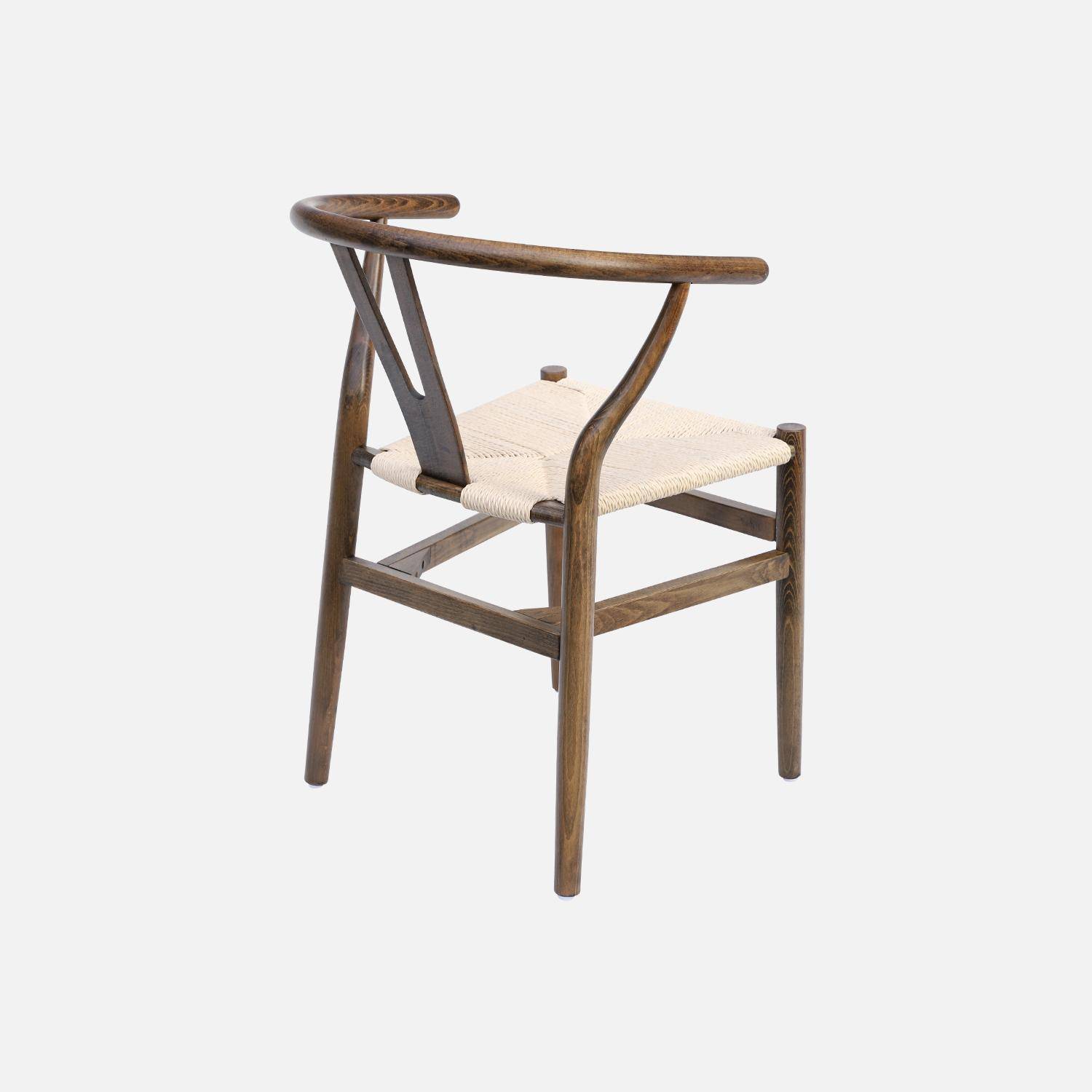 Lot de deux chaises vintage marron vieilli en bois d'hévéa avec assise en cordes et dossier arrondi Photo5