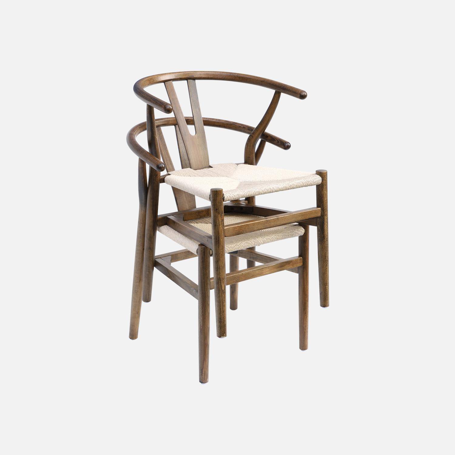 Lot de deux chaises vintage marron vieilli en bois d'hévéa avec assise en cordes et dossier arrondi Photo6