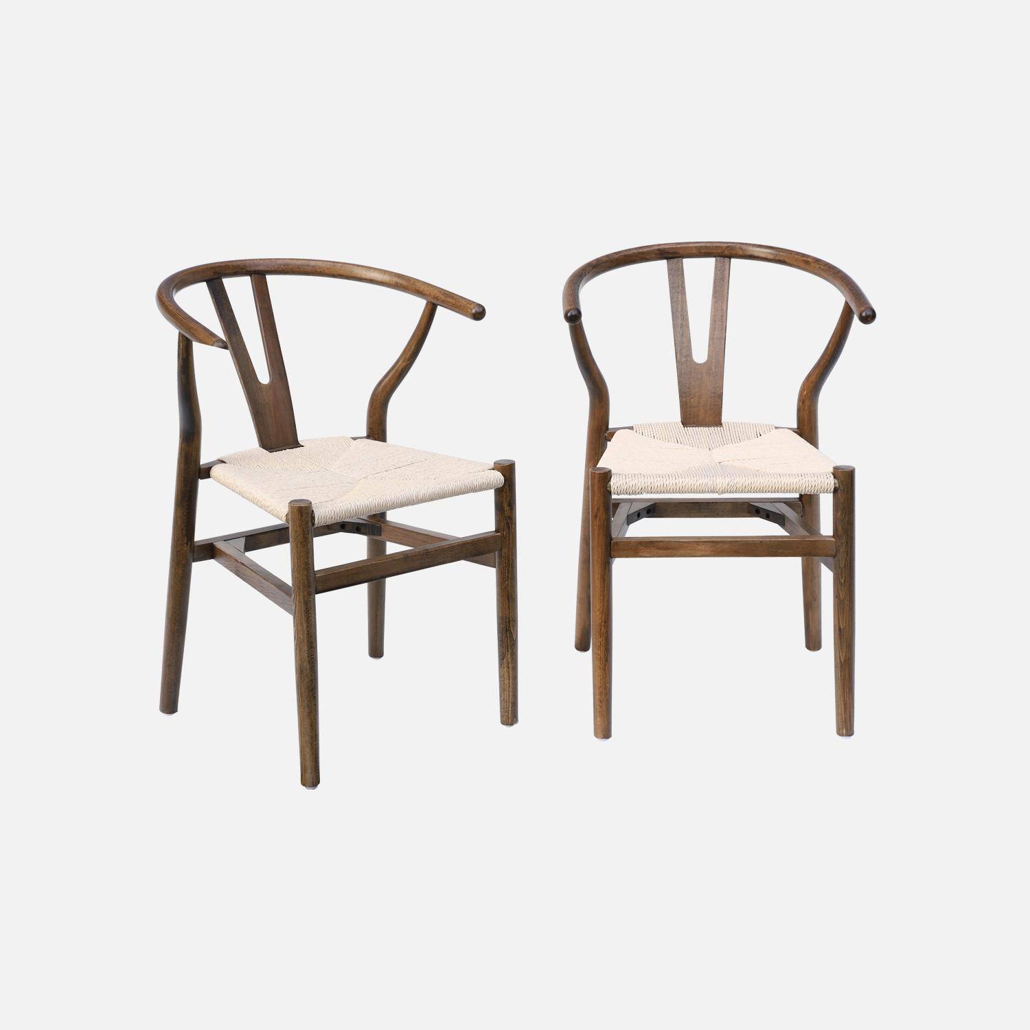 Lot de deux chaises vintage marron vieilli en bois d'hévéa avec assise en cordes et dossier arrondi Photo4