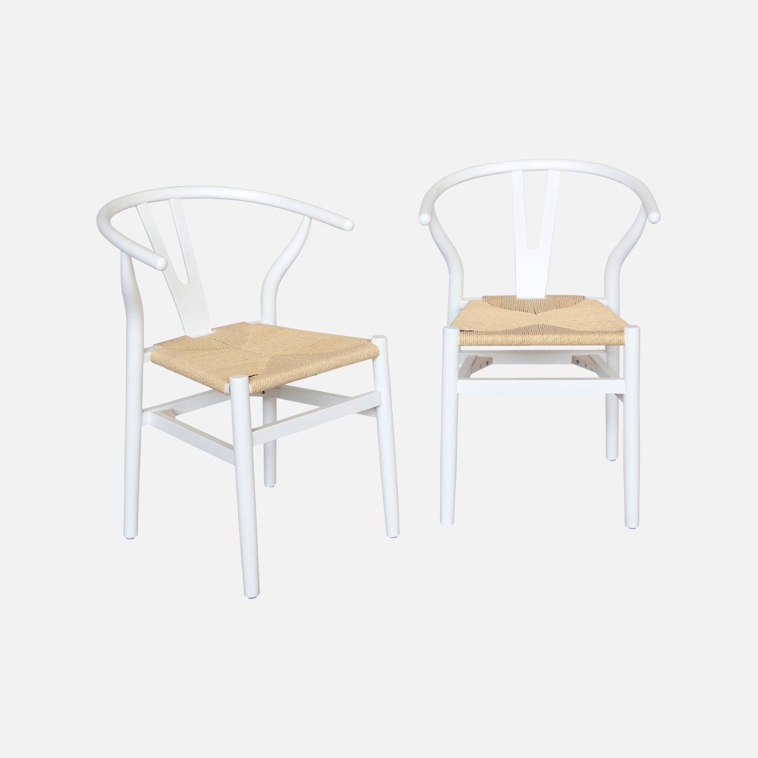 Lot de deux chaises vintage blanches en bois d'hévéa avec assise en cordes et dossier arrondi,sweeek,Photo4