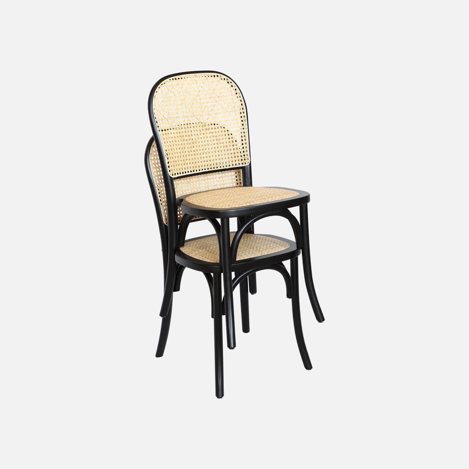 Set van twee vintage zwarte houten stoelen met rotan zitvlak en rugleuning Photo6