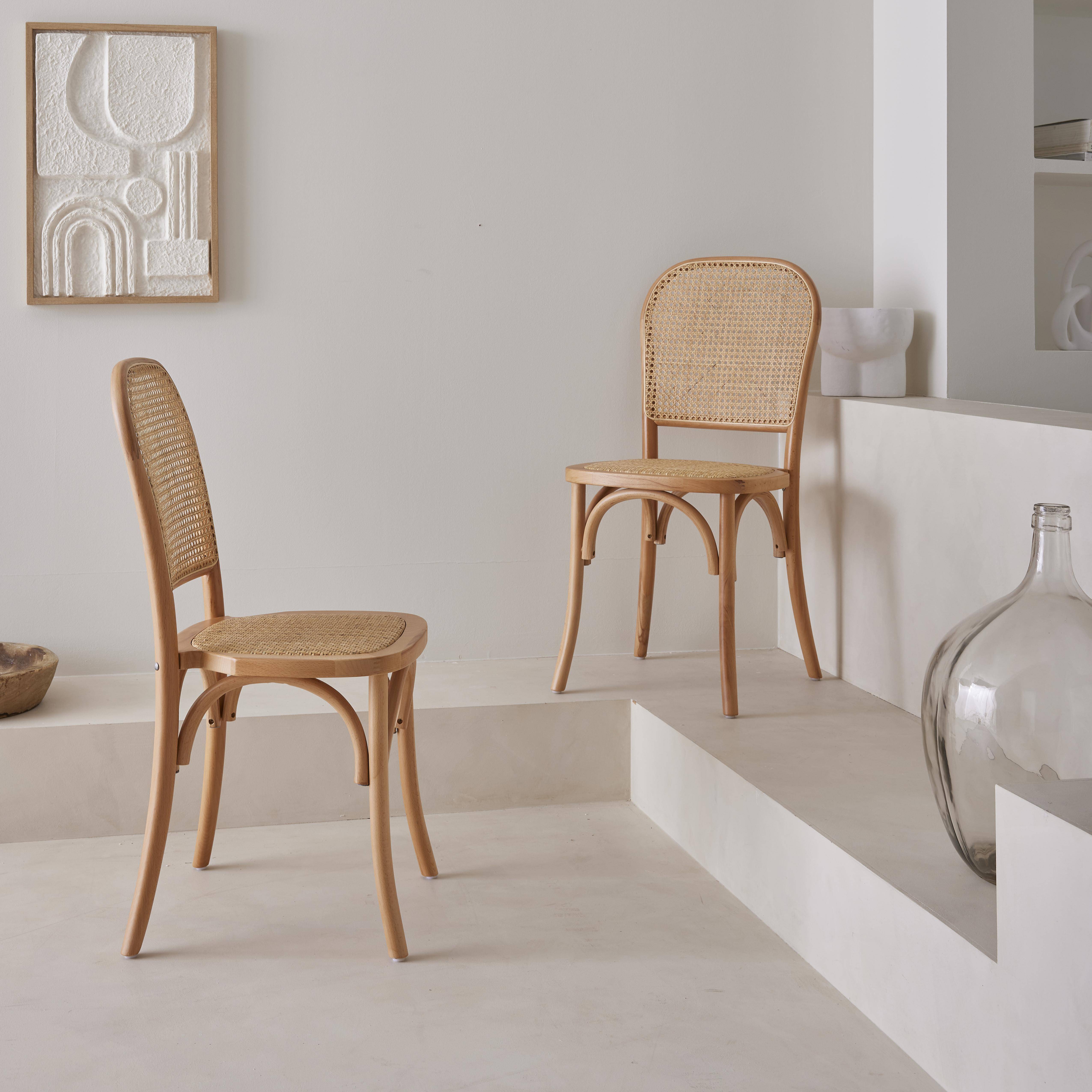 Set van twee vintage stoelen in een natuurlijke houtlook, rotan zitvlak en rugleuning Photo3