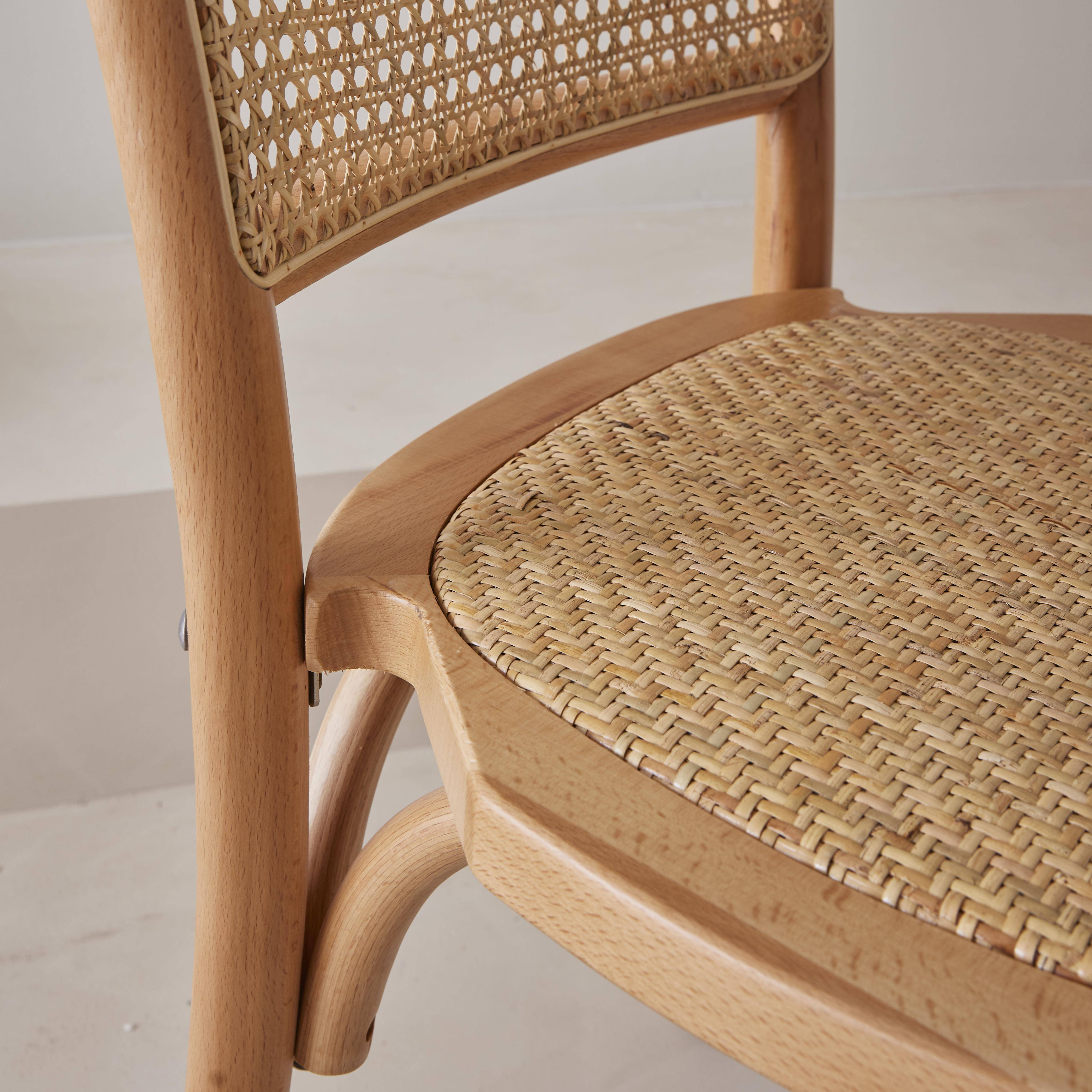 Set van twee vintage stoelen in een natuurlijke houtlook, rotan zitvlak en rugleuning Photo2