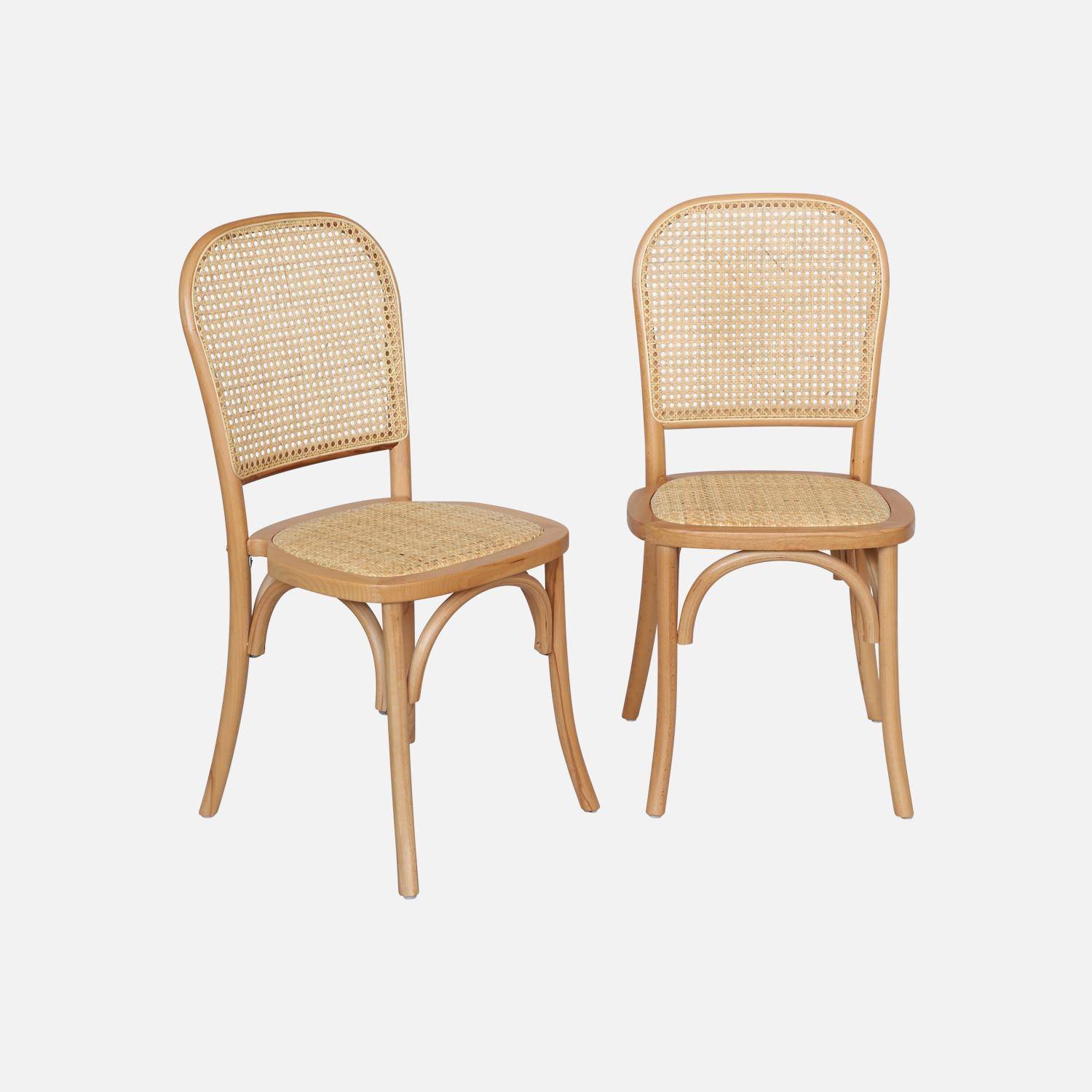 Set van twee vintage stoelen in een natuurlijke houtlook, rotan zitvlak en rugleuning Photo1