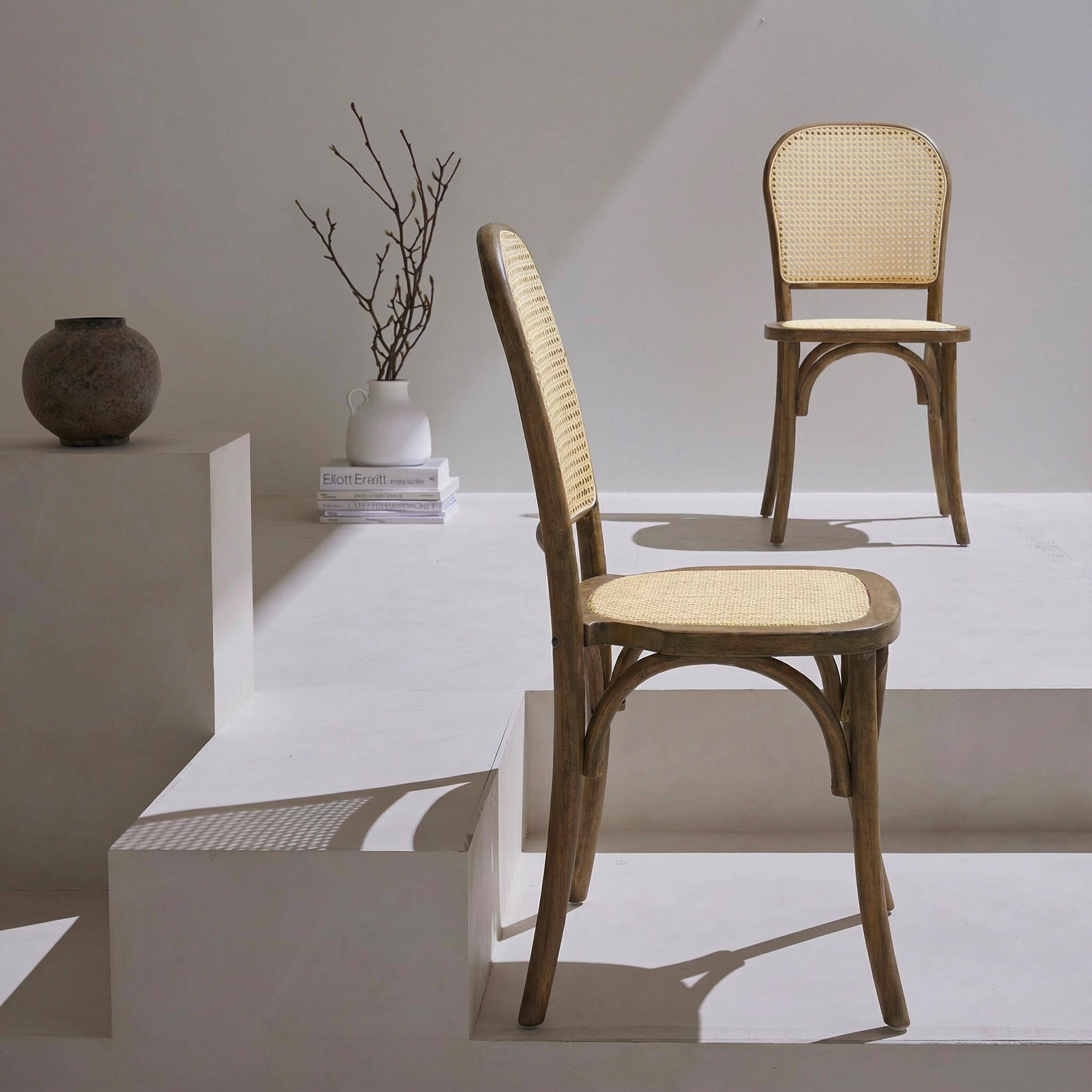 Zestaw dwóch krzeseł w stylu vintage z postarzanego brązowego drewna z rattanowym siedziskiem i oparciem,sweeek,Photo2