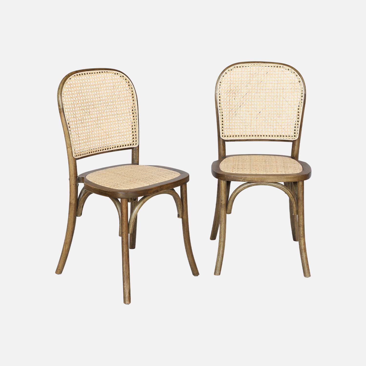 Set van twee vintage stoelen in antiek bruin hout met rotan zitvlak en rugleuning,sweeek,Photo4