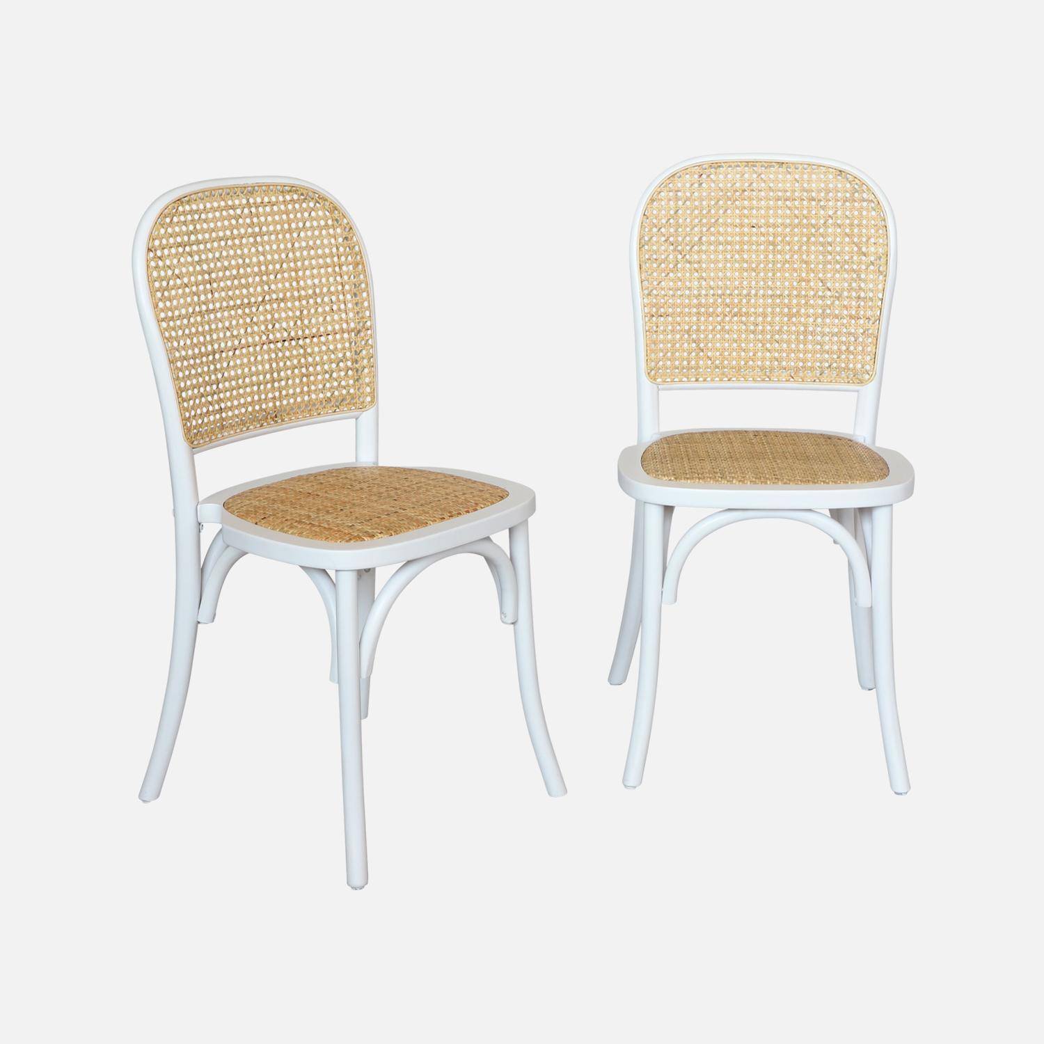Lot de deux chaises vintage blanches en bois avec assise et dossier en rotin Photo4