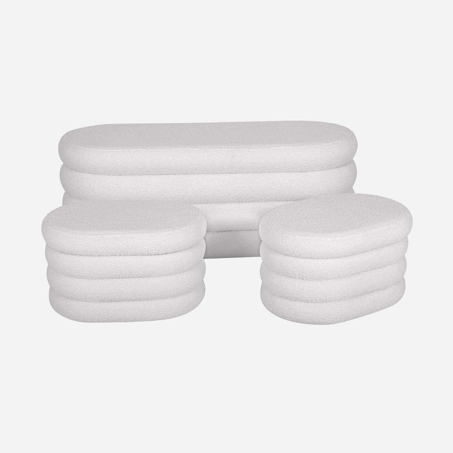 Banco cofre de almacenamiento borreguito con 2 puffs, Blanco