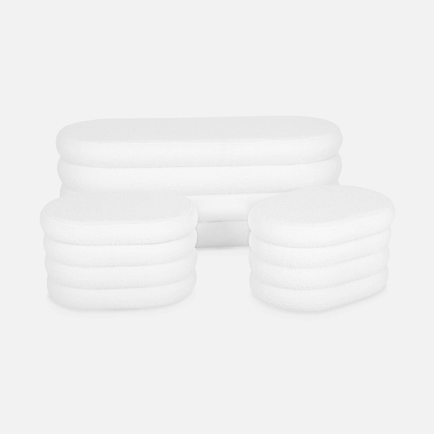 Banco de caixa encaracolado com 2 pufes de arrumação ovais brancos encaracolados integrados - L111cm Photo1