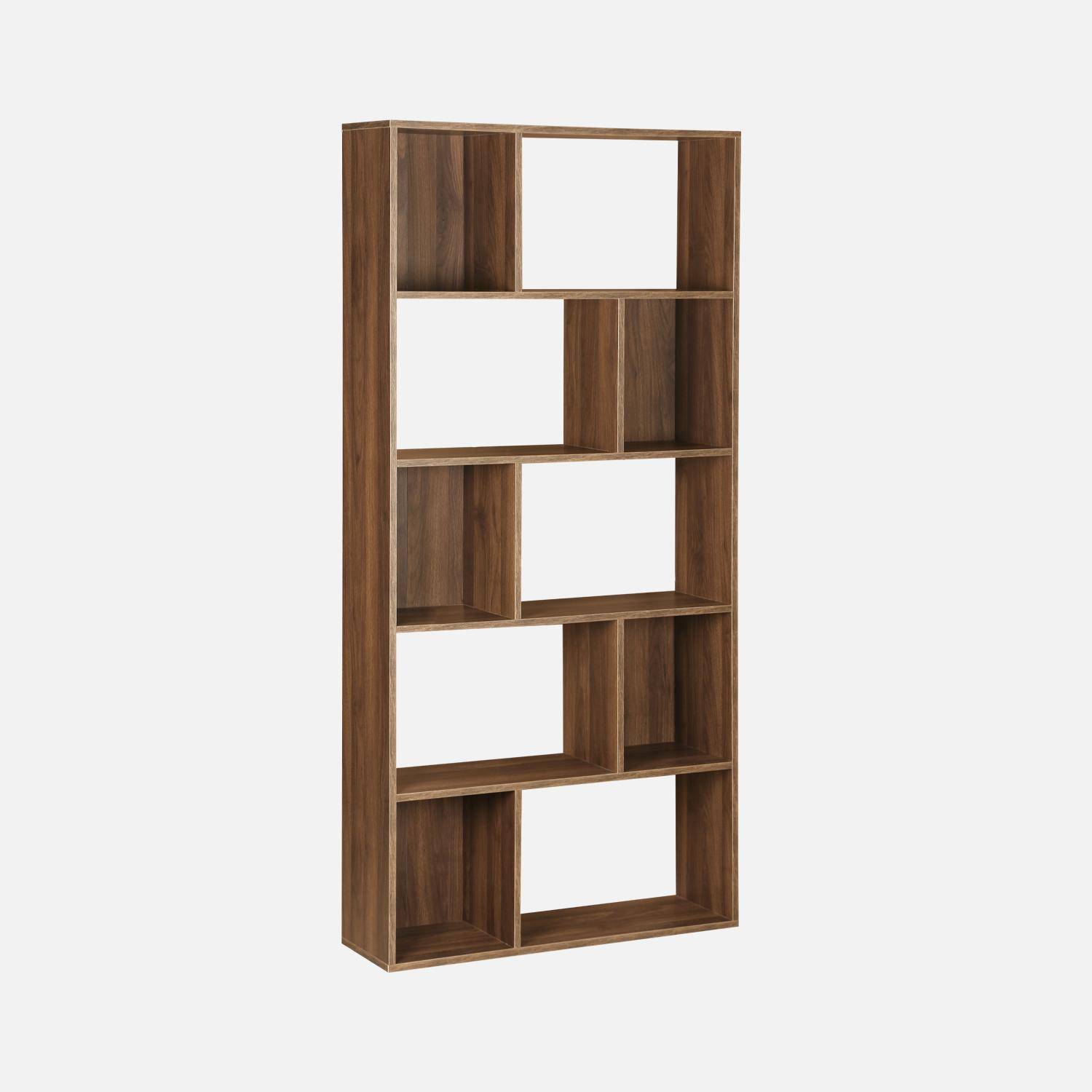 Estantería de diseño asimétrico en madera de nogal oscuro - Pieter - 5 estantes, 10 compartimentos, 83x23x173cm,sweeek,Photo3