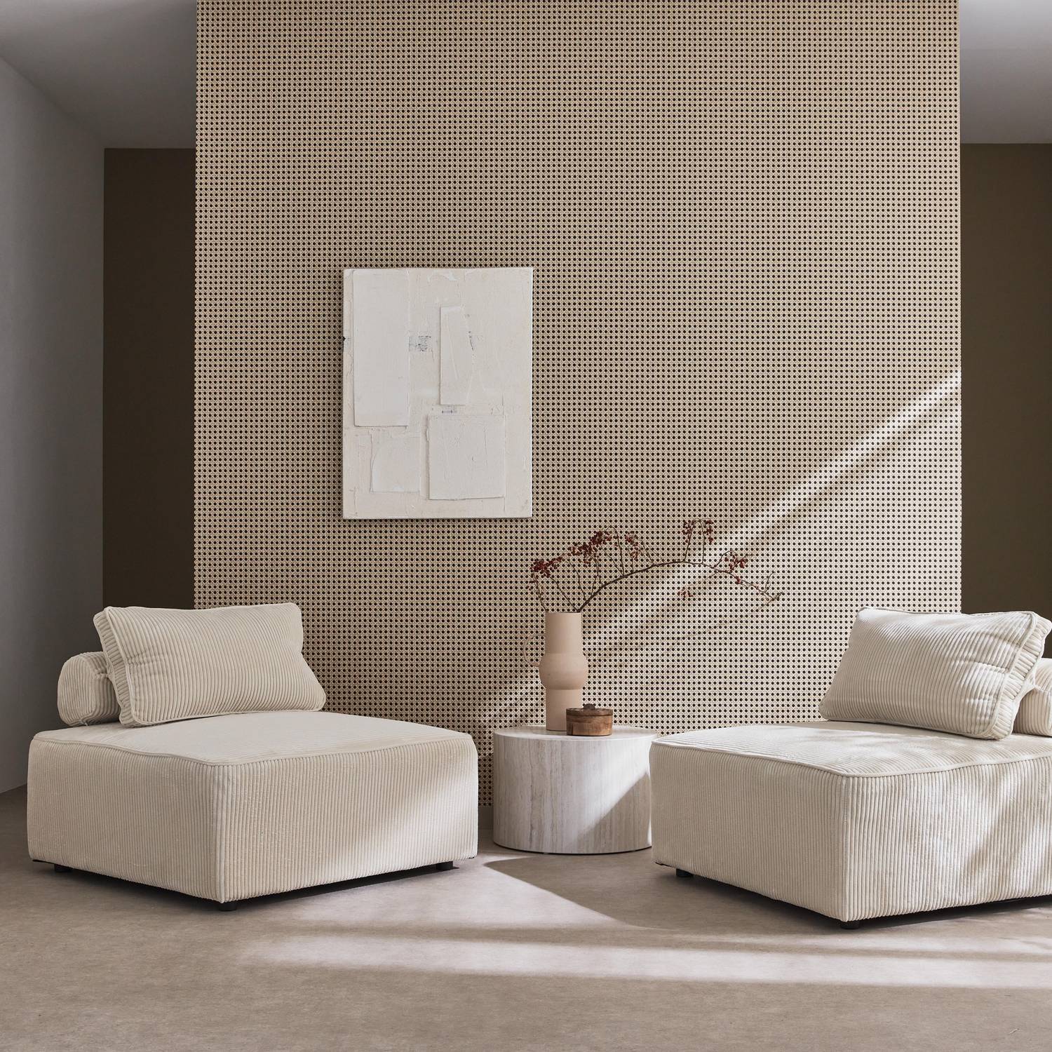 2er Set Sessel ohne Armlehne mit cremefarbenem Cordbezug für ein modulares Sofa Photo2