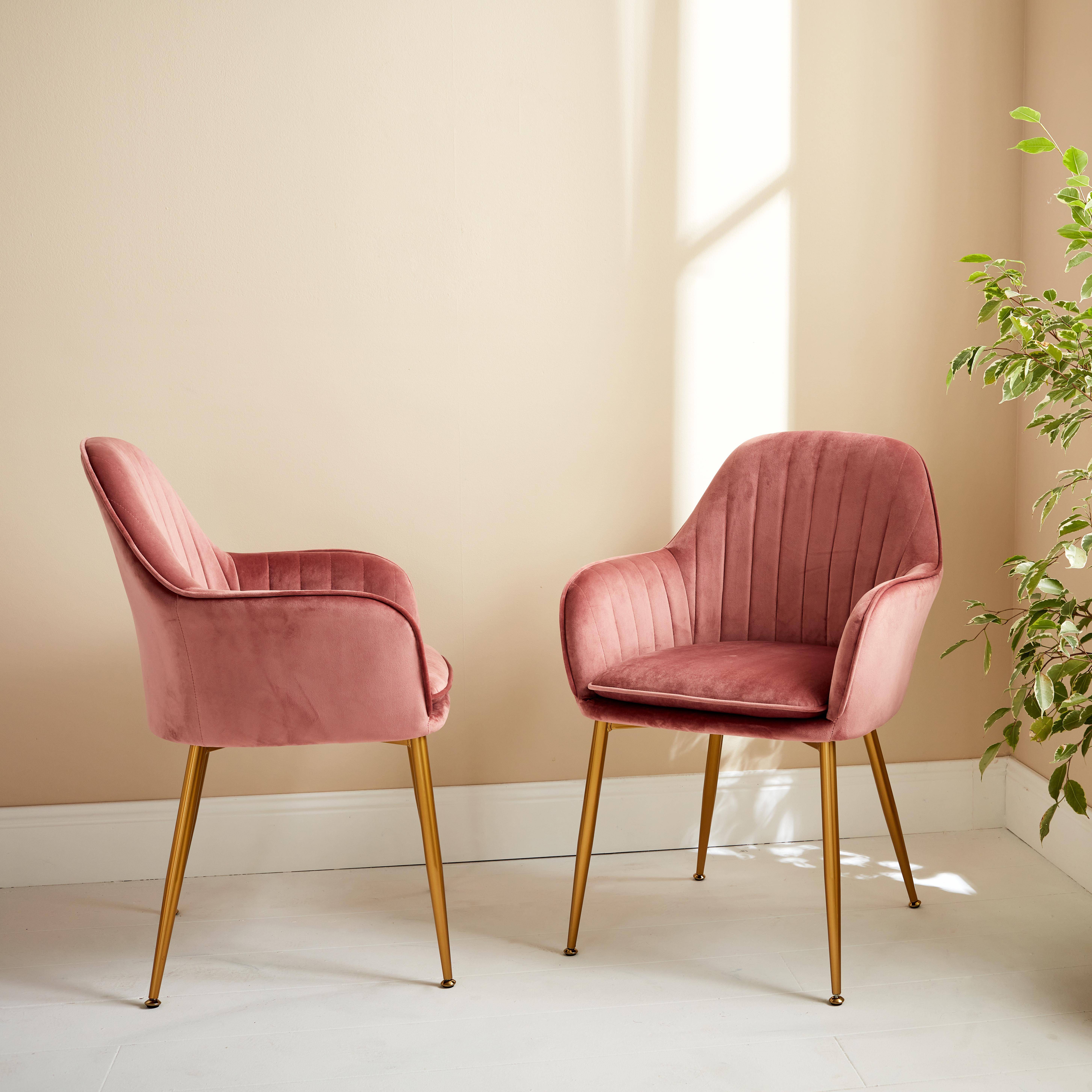 Lot de 2 fauteuils en velours vieux rose et pieds en métal doré, Shella L 58 x P 58 x H 85cm,sweeek,Photo1
