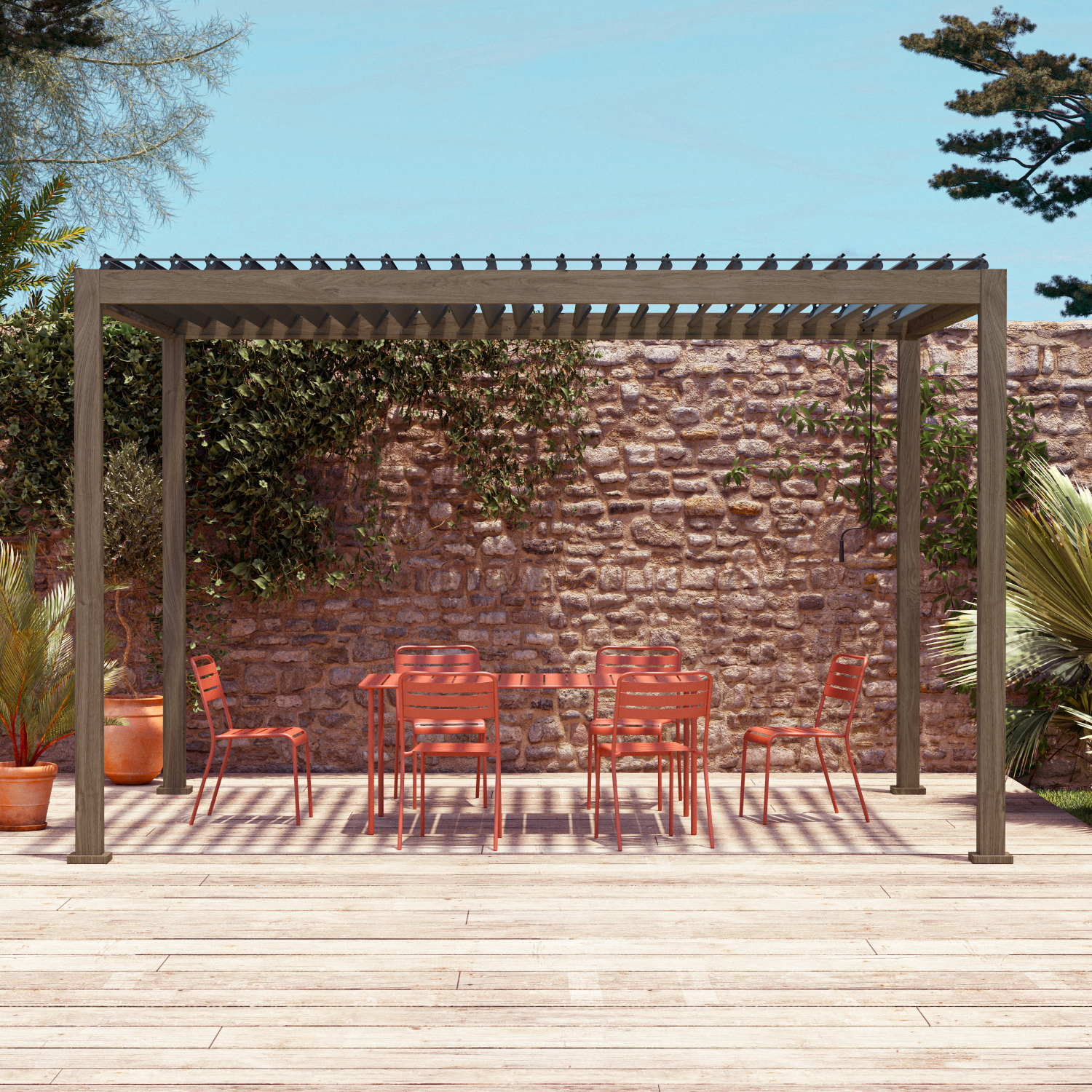 Pergola met lamellendak, kleur donker hout - Triomphe - 3x4m, aluminium, met verstelbare lamellen Photo1