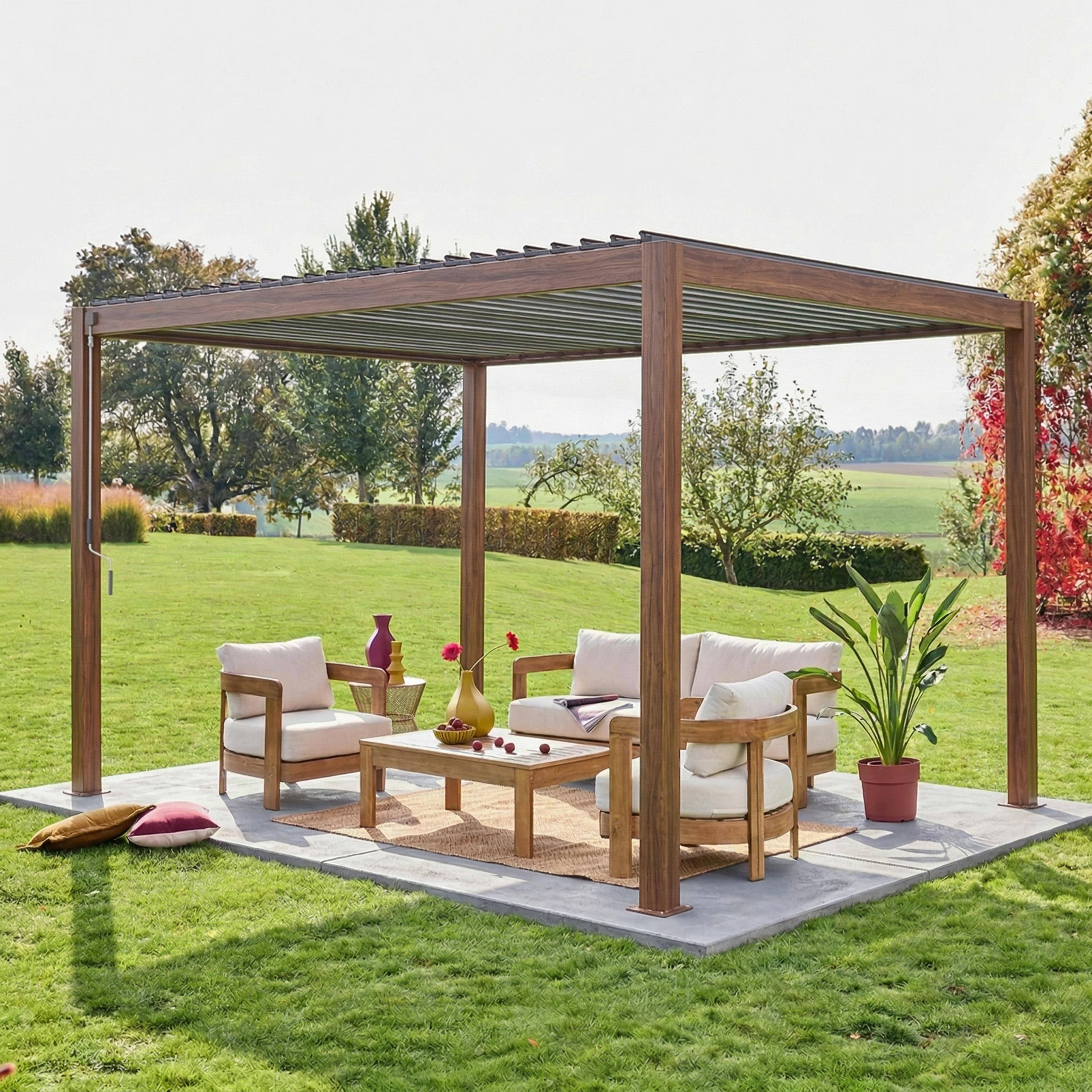 Pergola met lamellendak 4x3m aluminium lamellen verstelbaar donker houtkleurig 392 x 301 x 257 cm - Triomphe Photo1