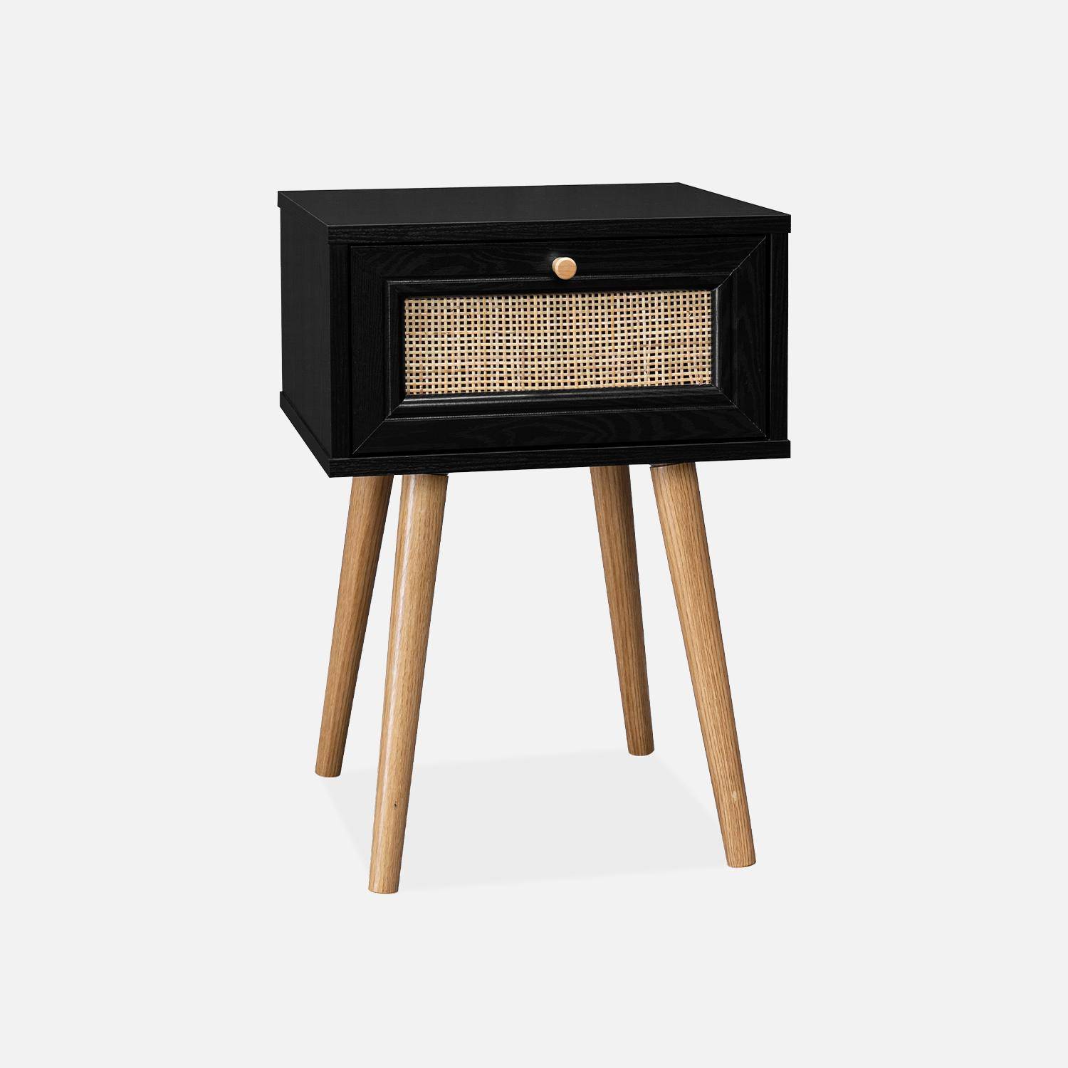 Wood and cane effect bedside table with 1 drawer - black - Boheme,sweeek,Photo3