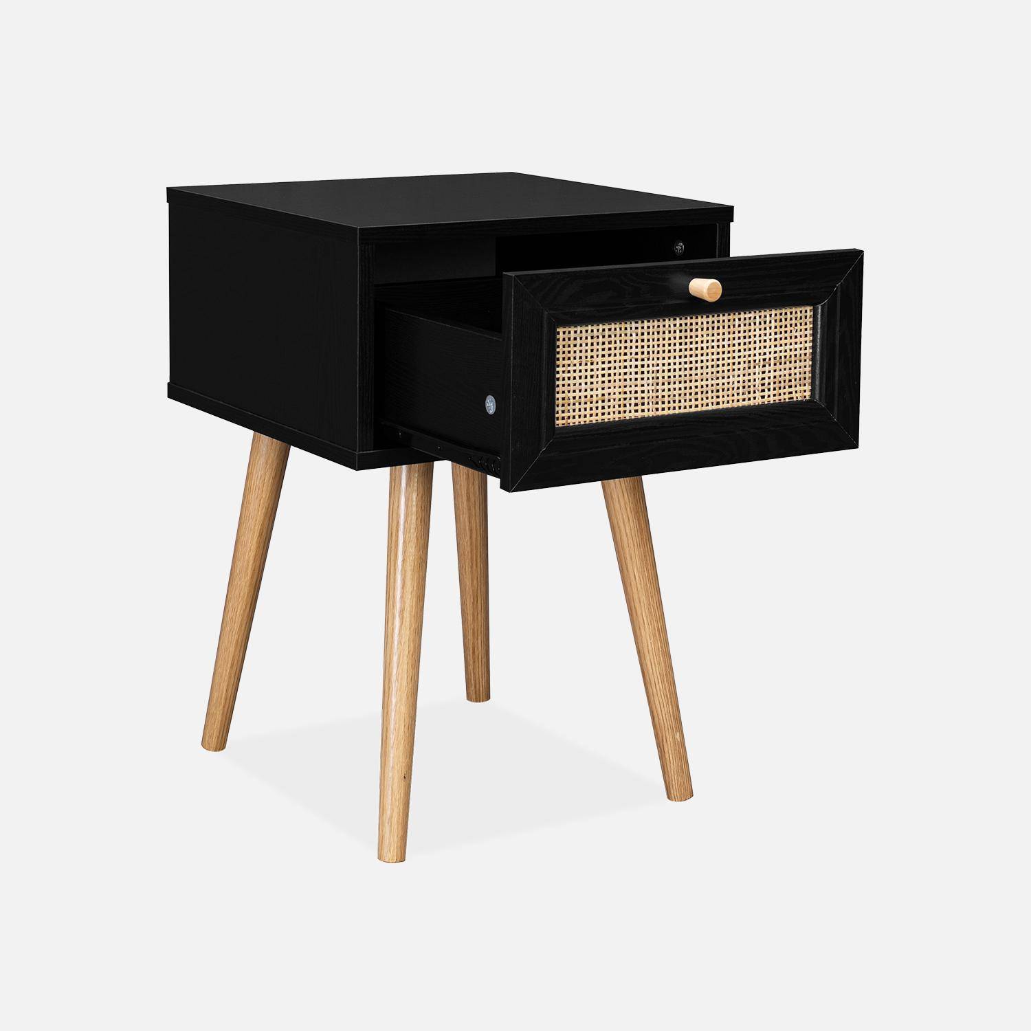 Wood and cane effect bedside table with 1 drawer - black - Boheme,sweeek,Photo7