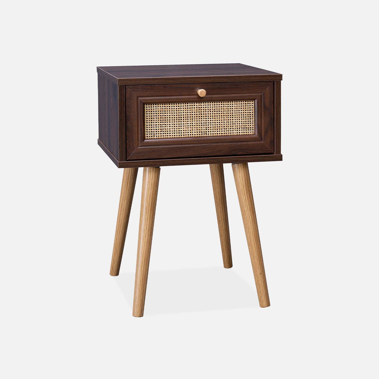 Wood and cane effect bedside table with 1 drawer - dark wood - Boheme Photo3