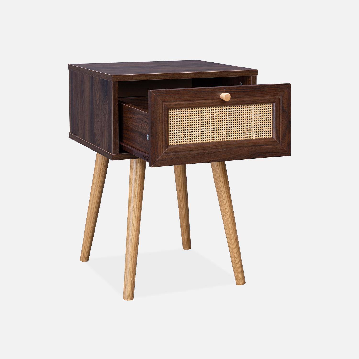 Wood and cane effect bedside table with 1 drawer - dark wood - Boheme,sweeek,Photo5