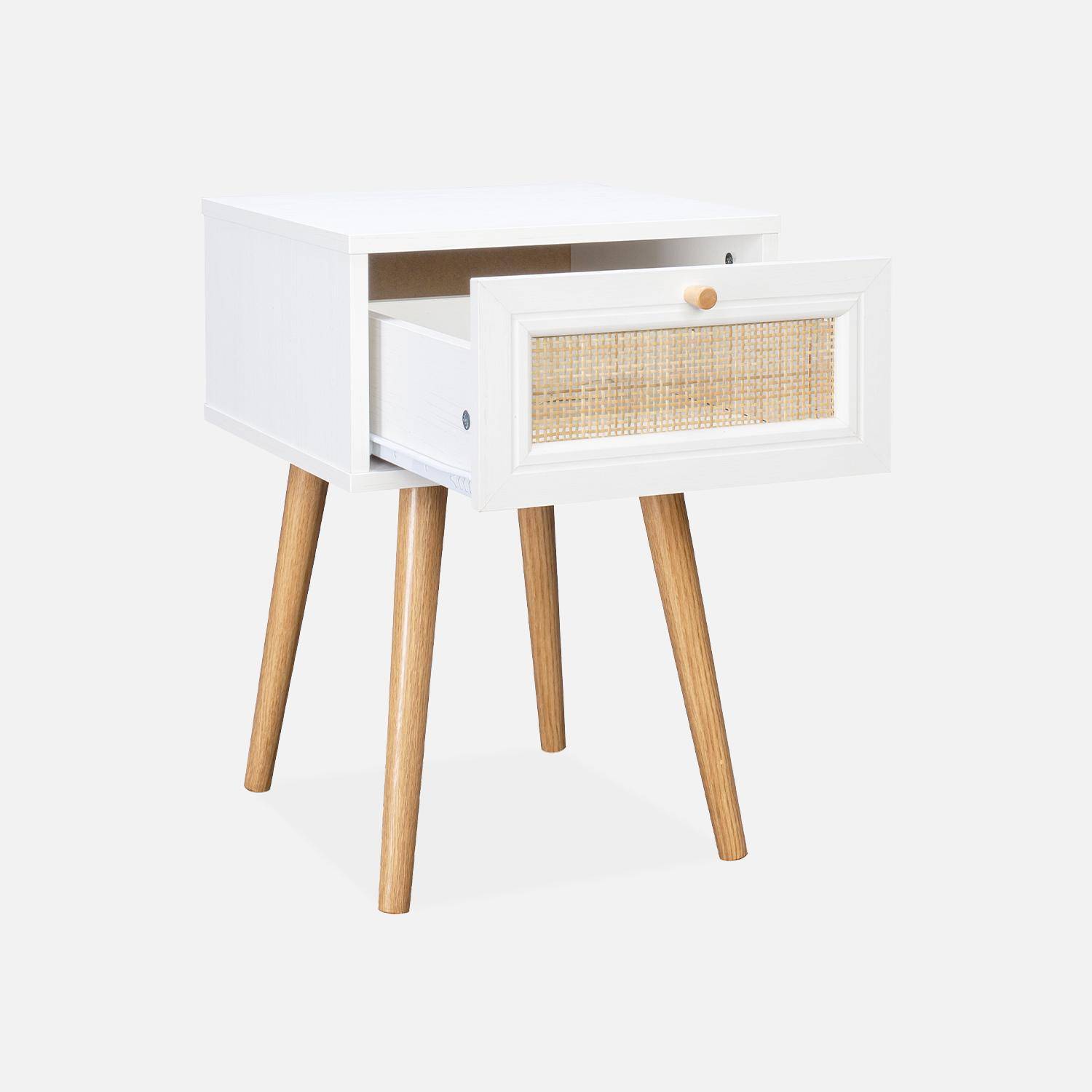 Mesa de cabeceira com efeito madeira e cana com 1 gaveta - branco - Bohème,sweeek,Photo6