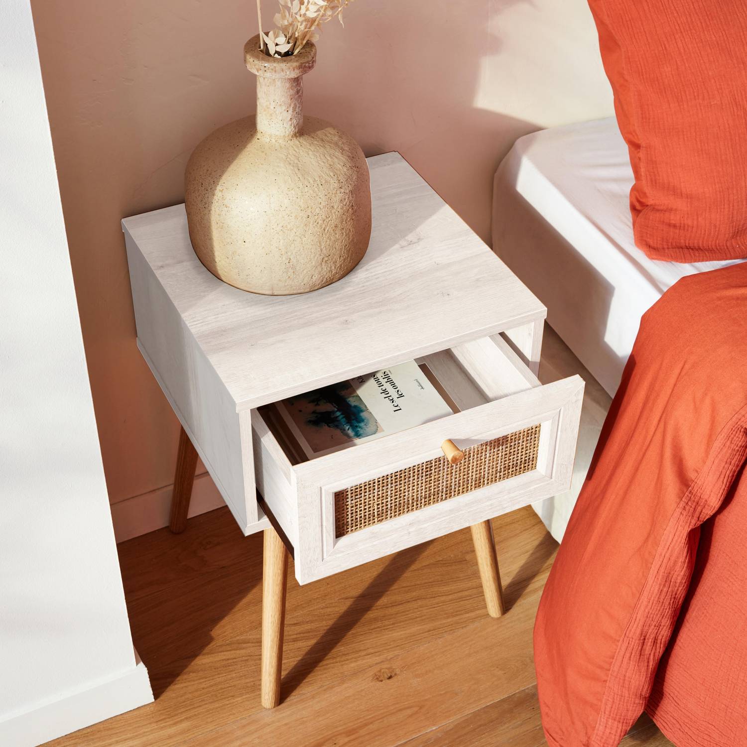 Mesa de cabeceira com efeito madeira e cana com 1 gaveta - branco - Bohème Photo2